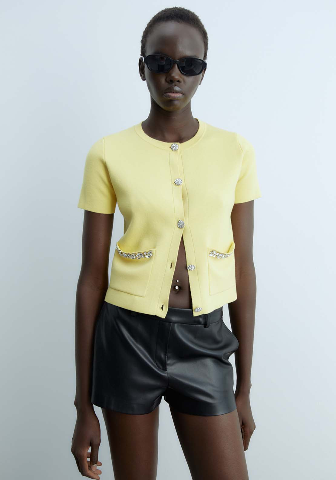 Sfera Bejewelled Buttons Cardigan - Yellow 1 Shaws Department Stores