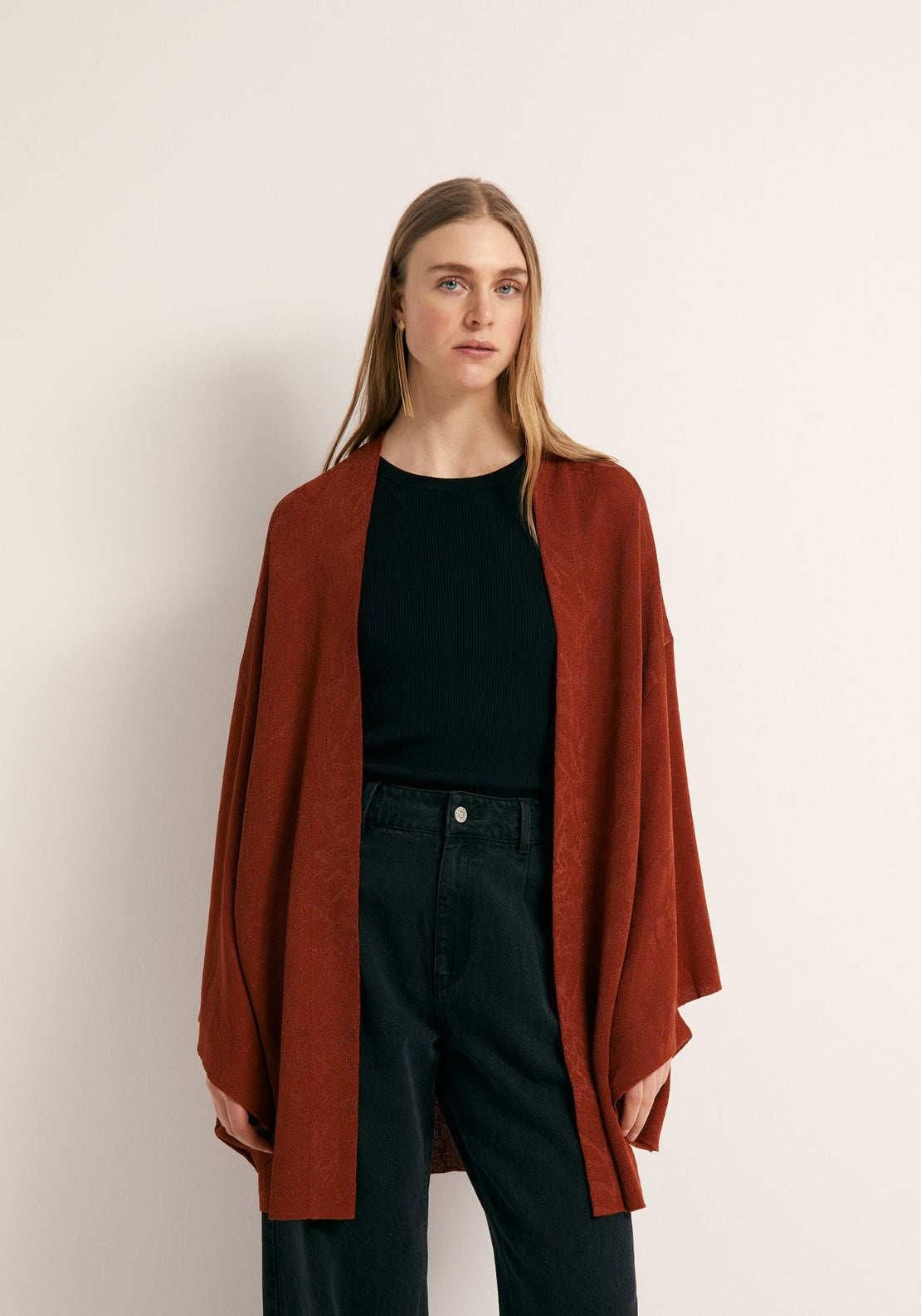 Wide Sleeve Jacquard Kimono - Orange