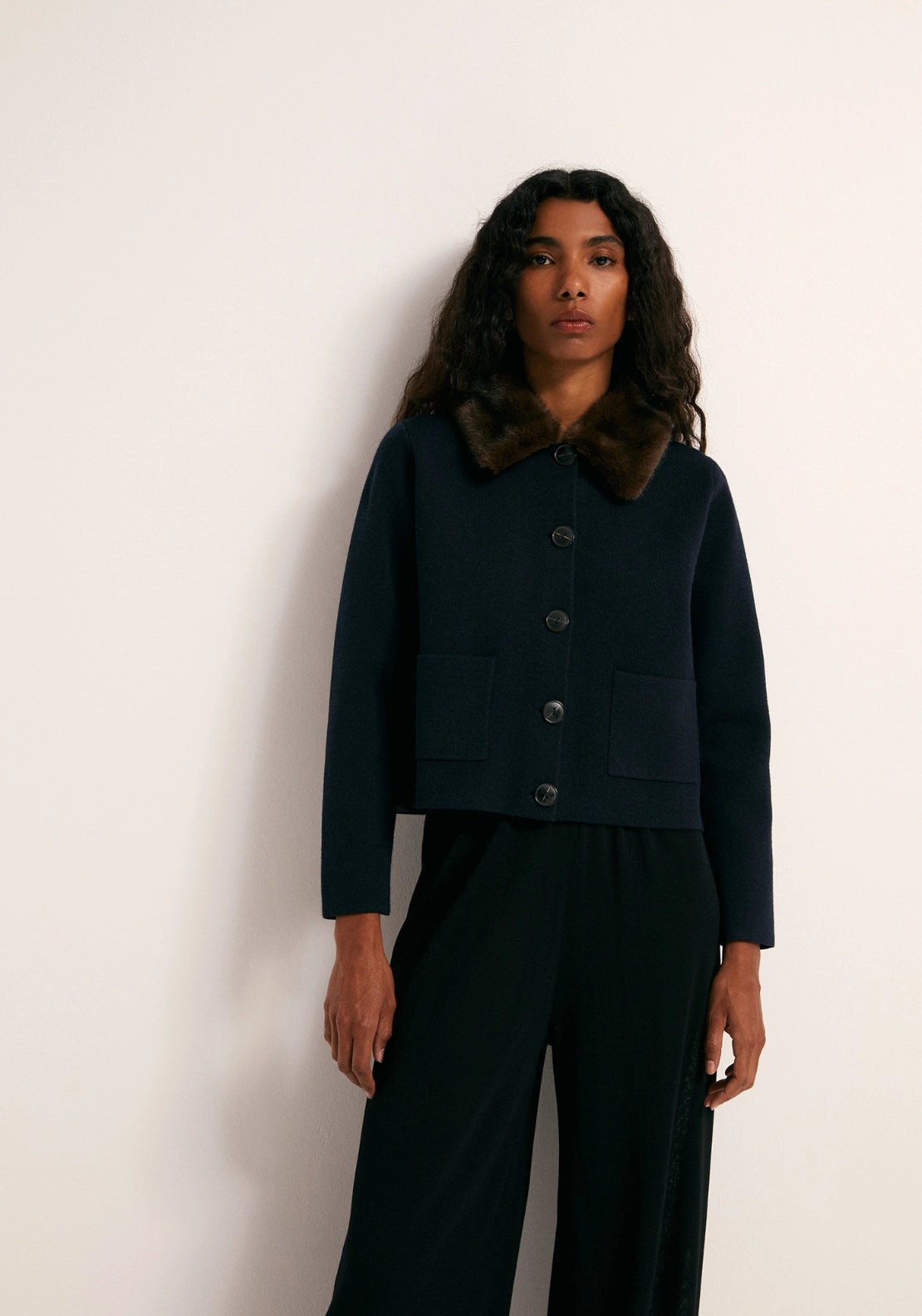 Faux Fur Collar Jacket - Navy Blue