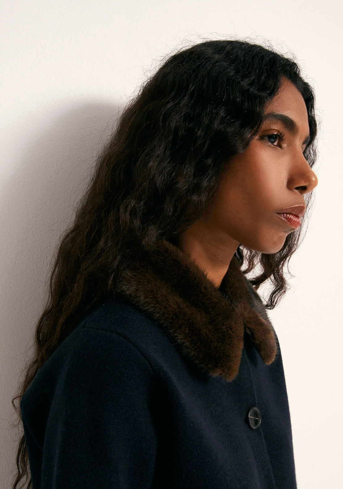 Faux Fur Collar Jacket - Navy Blue