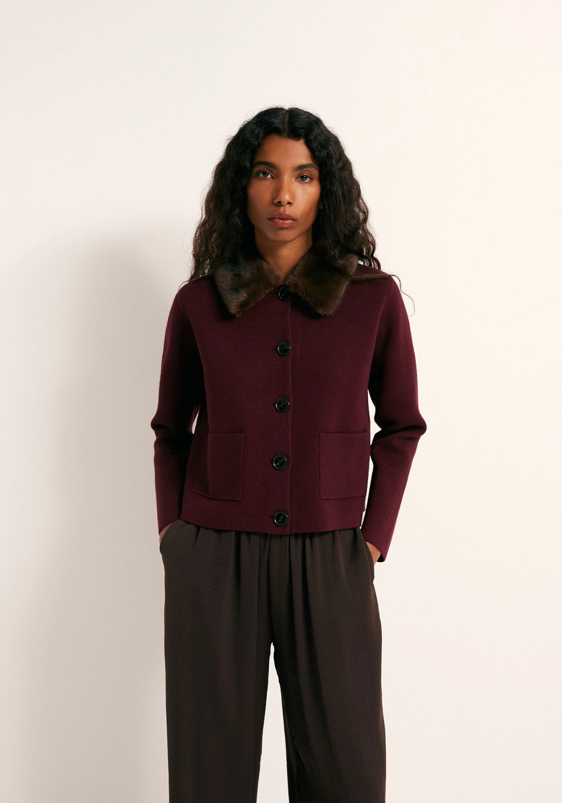 Faux Fur Collar Jacket - Red