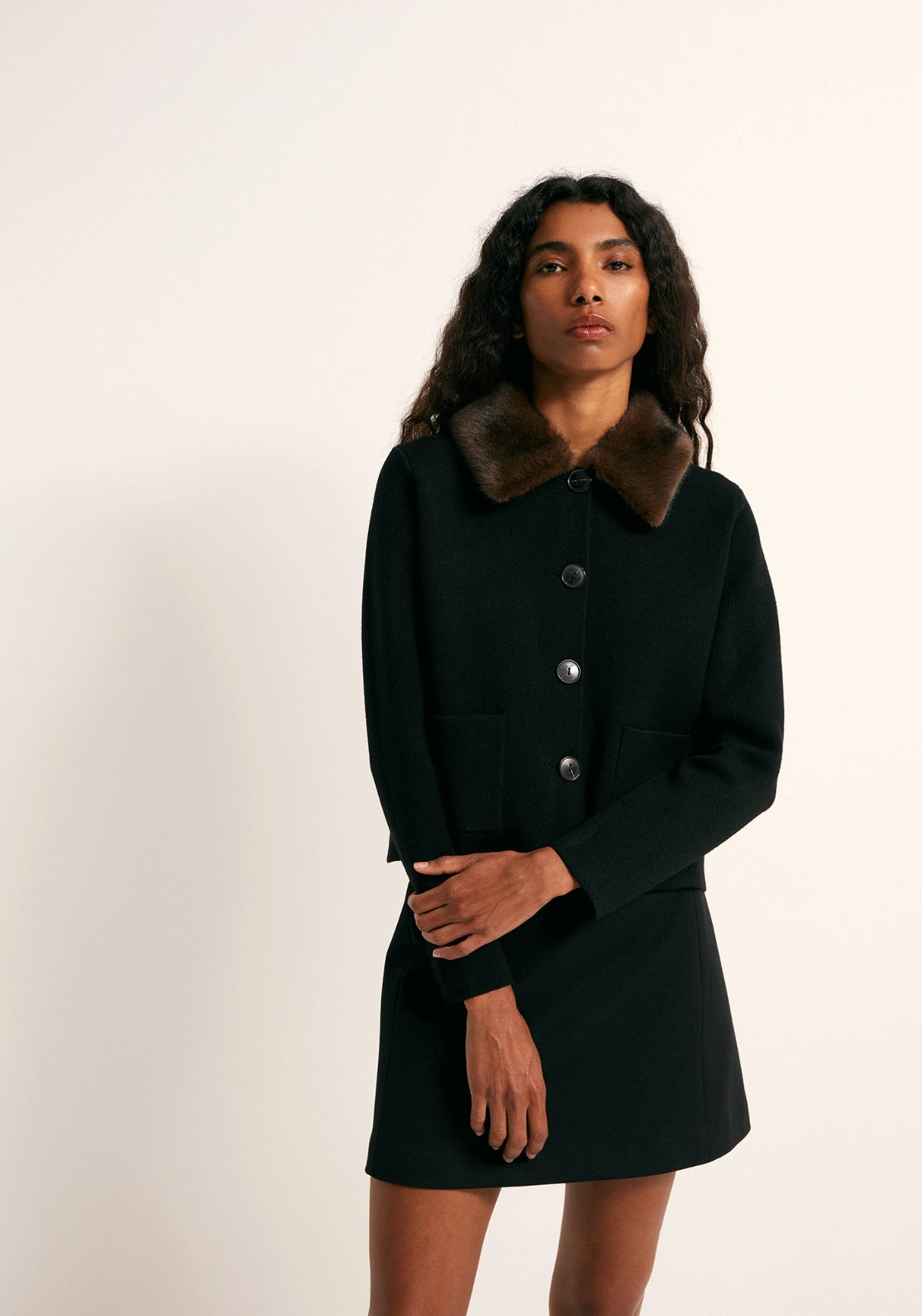 Faux Fur Collar Jacket - Black