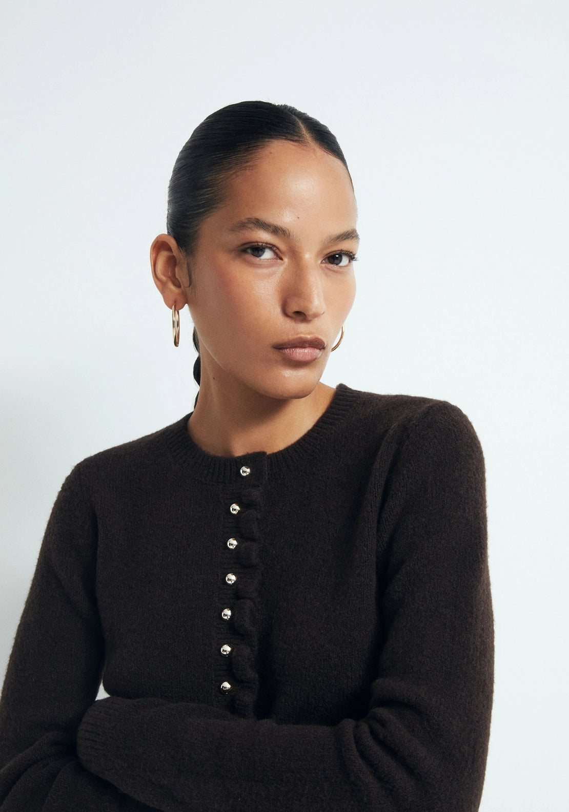 Ruffle Trim Cardigan - Brown