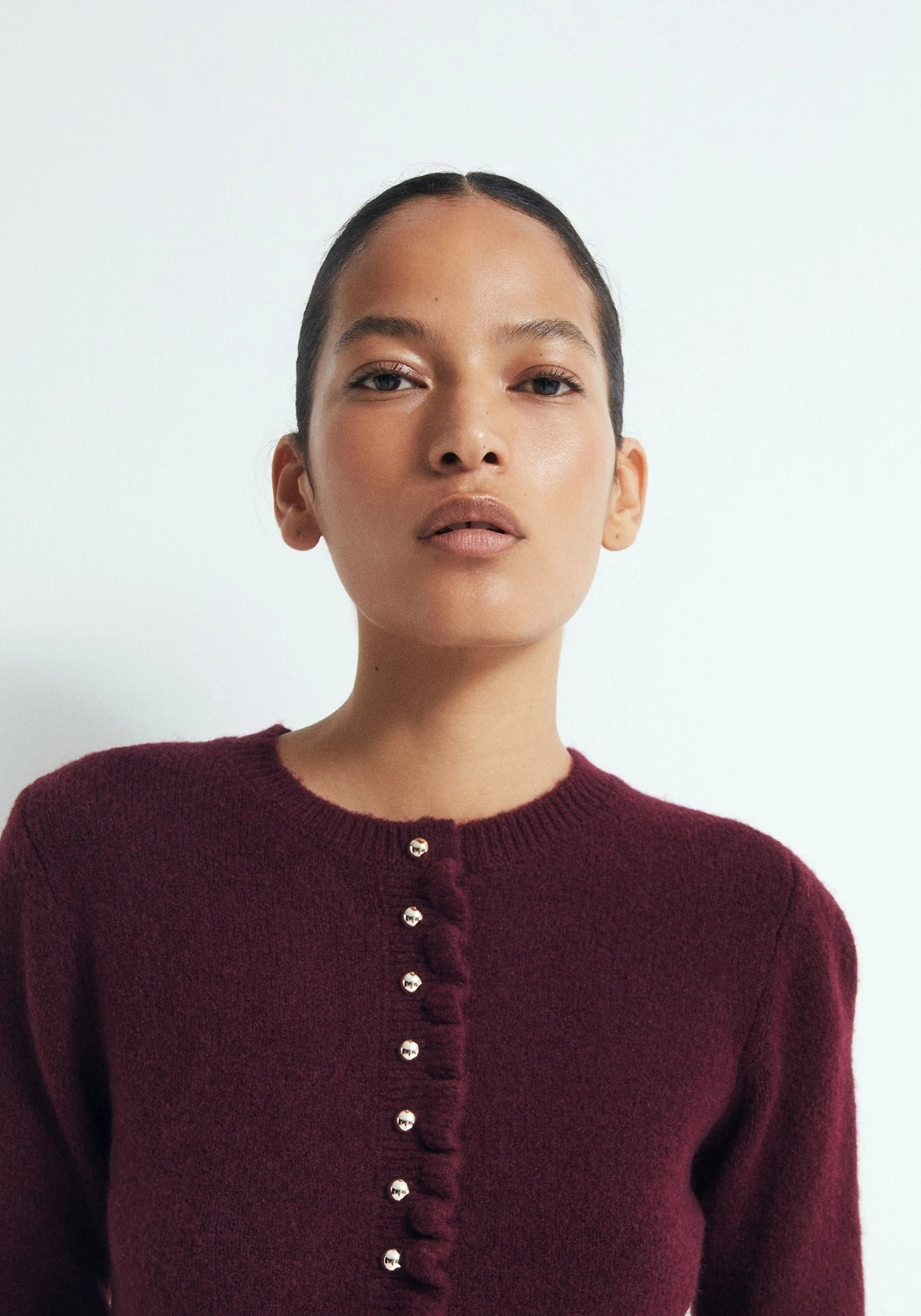 Ruffle Trim Cardigan - Red