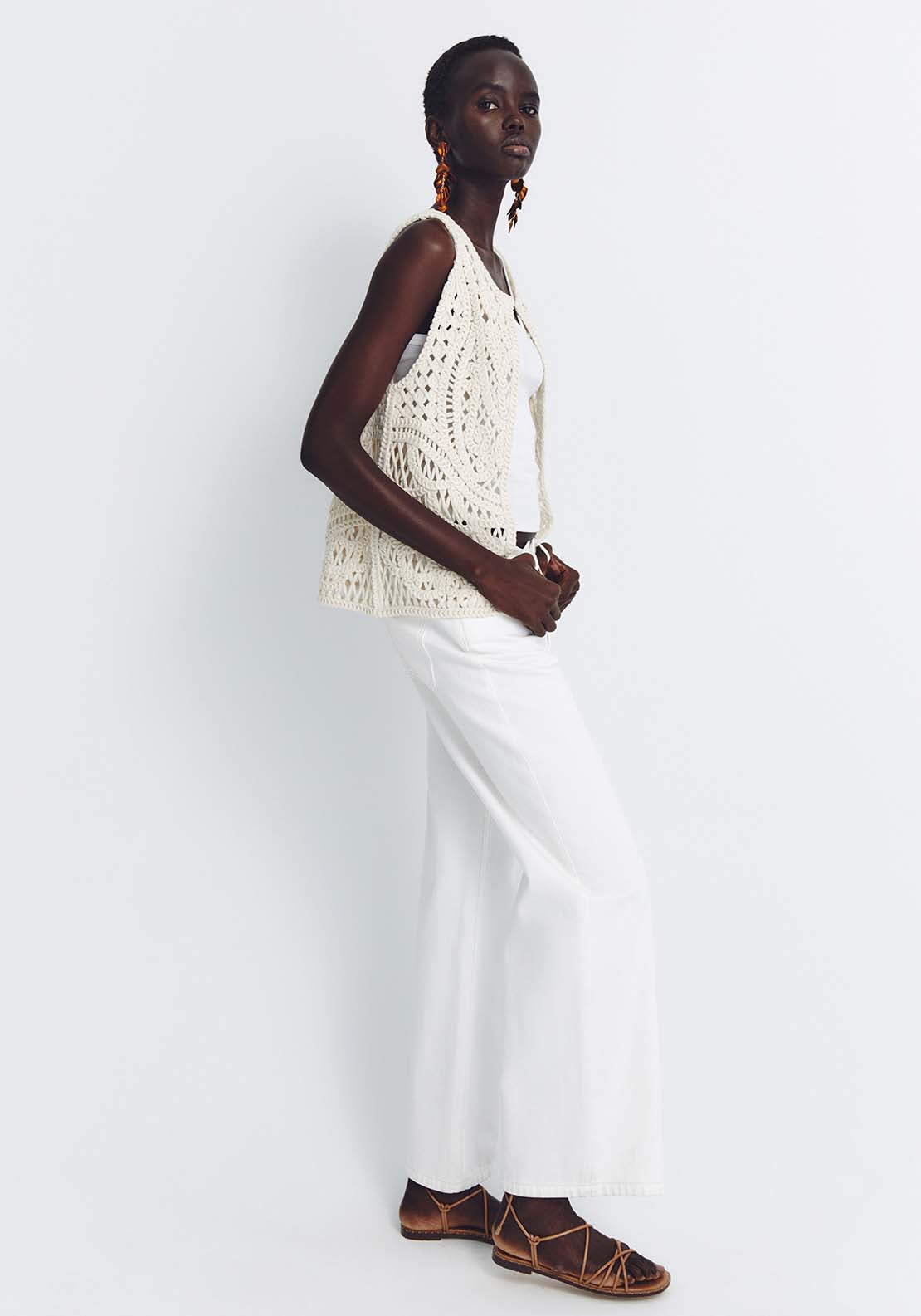 Sfera Long Macramé Vest - Ecru 3 Shaws Department Stores