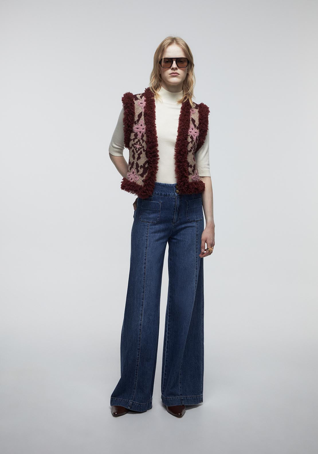 Sfera Fur Trim Embroidered Waistcoat - Red 4 Shaws Department Stores