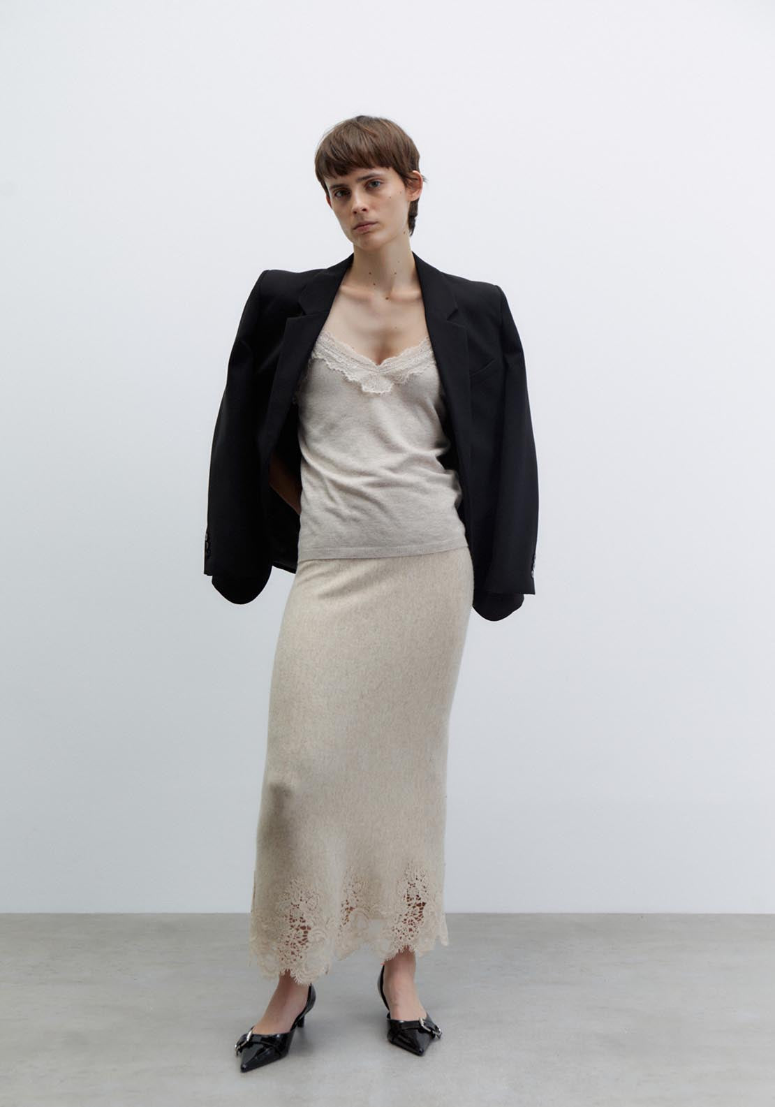 Sfera Lace detail midi skirt - Melange Mink 11 Shaws Department Stores
