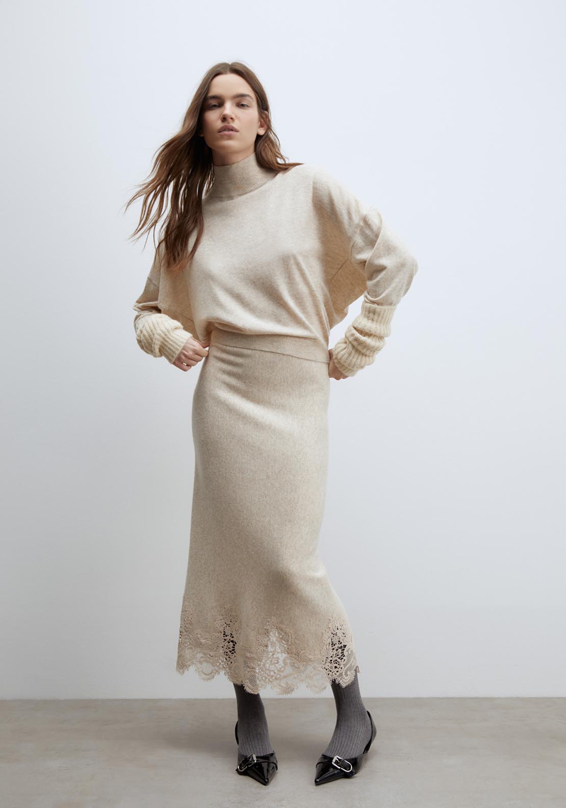 Sfera Lace detail midi skirt - Melange Mink 3 Shaws Department Stores