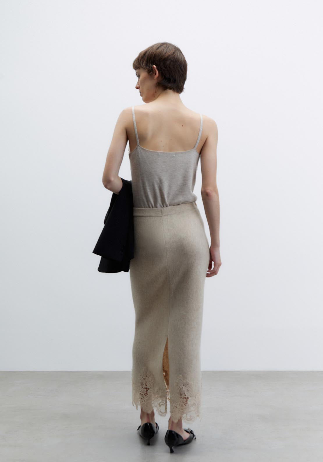 Sfera Lace detail midi skirt - Melange Mink 12 Shaws Department Stores