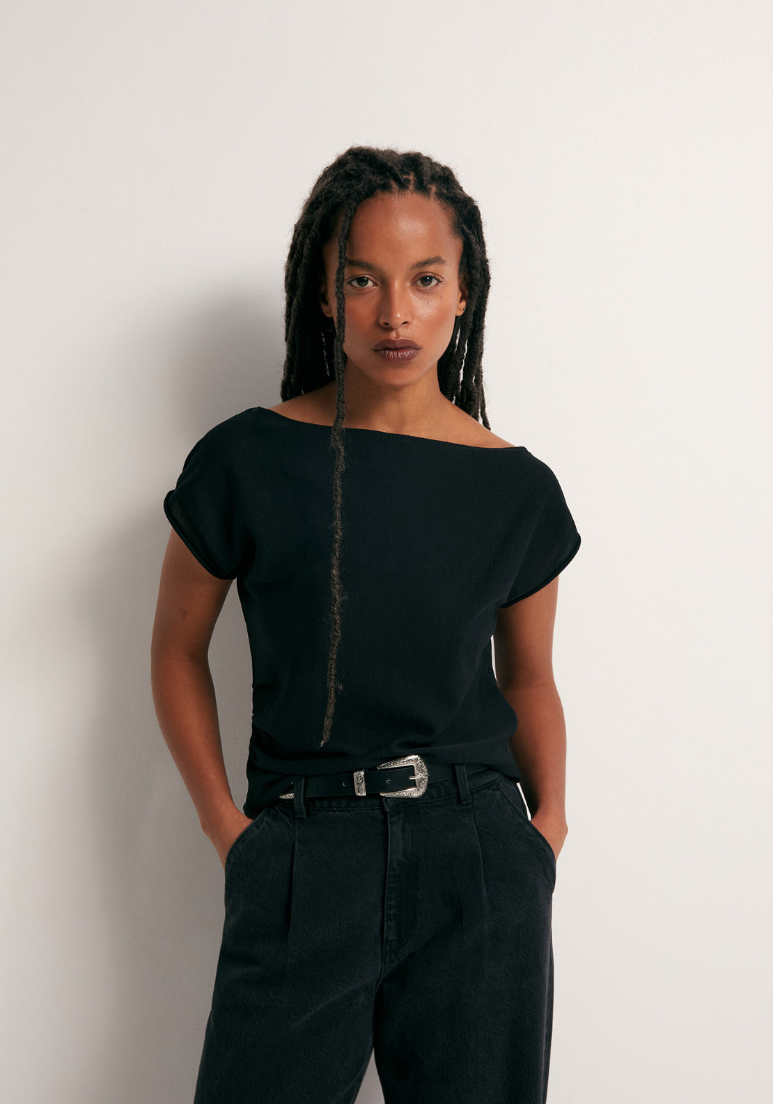 Asymmetrical Pleat Top - Black