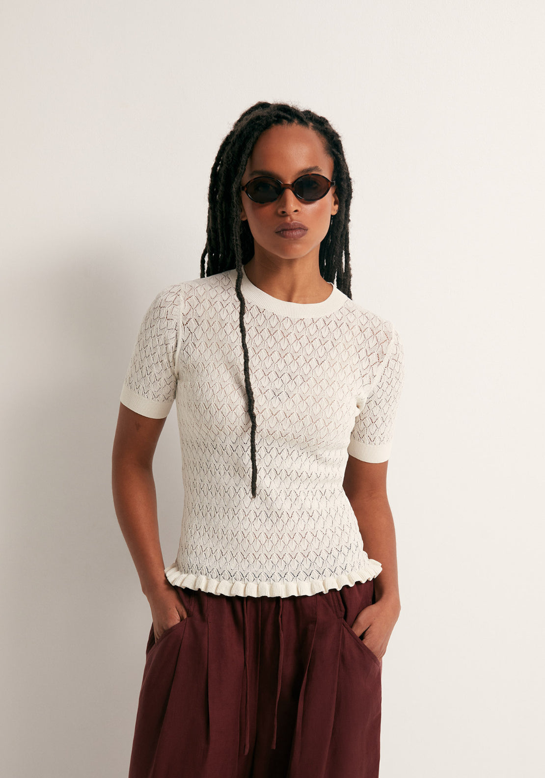 Openwork Short Sleeve Top - White