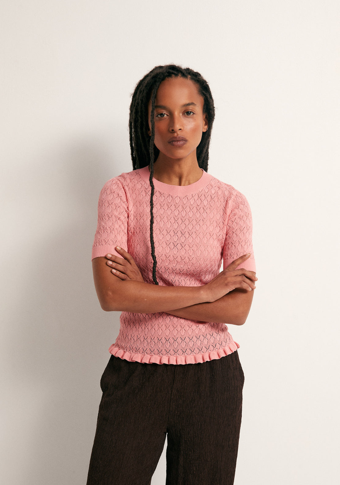 Openwork Short Sleeve Top - Pink