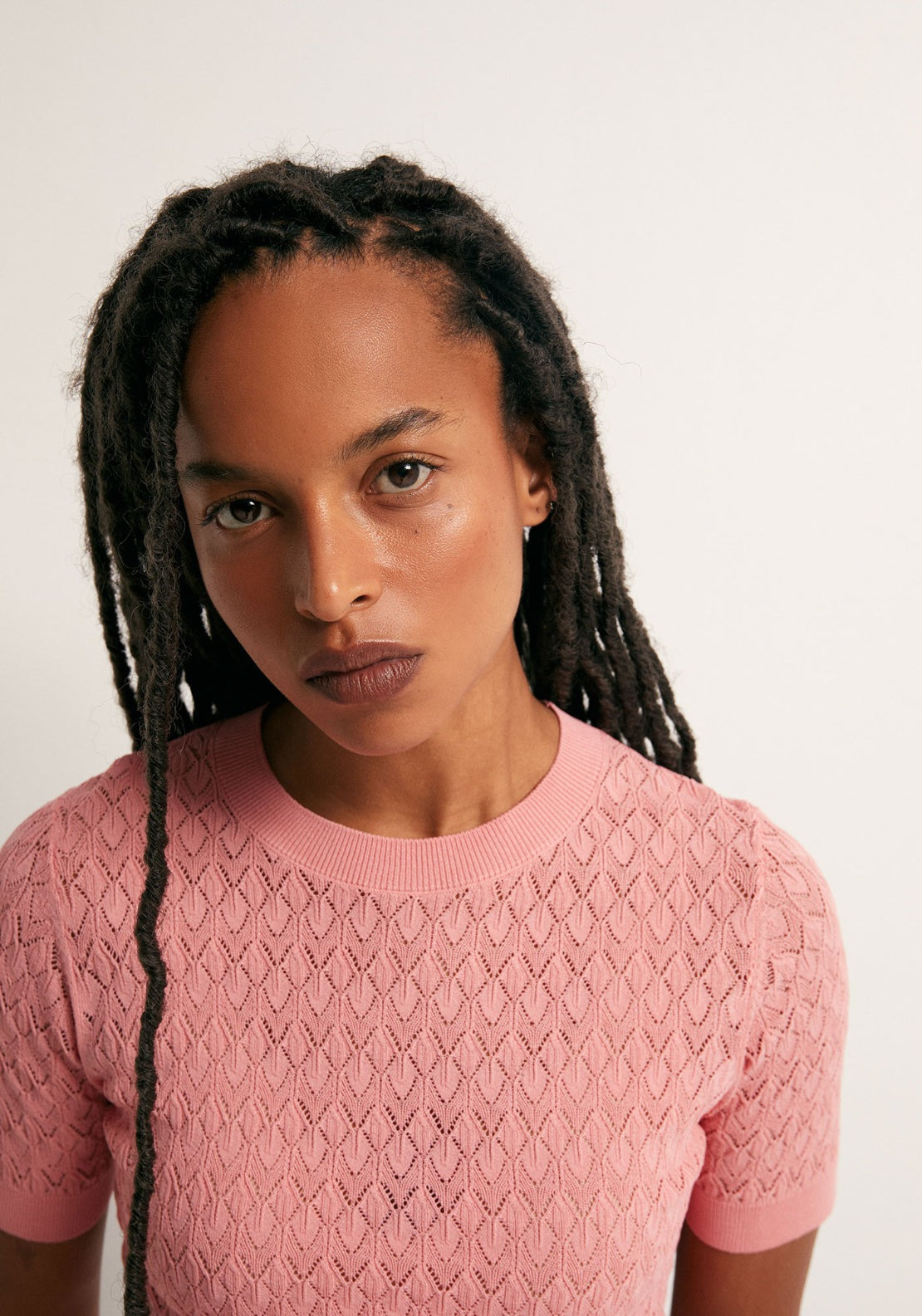 Openwork Short Sleeve Top - Pink