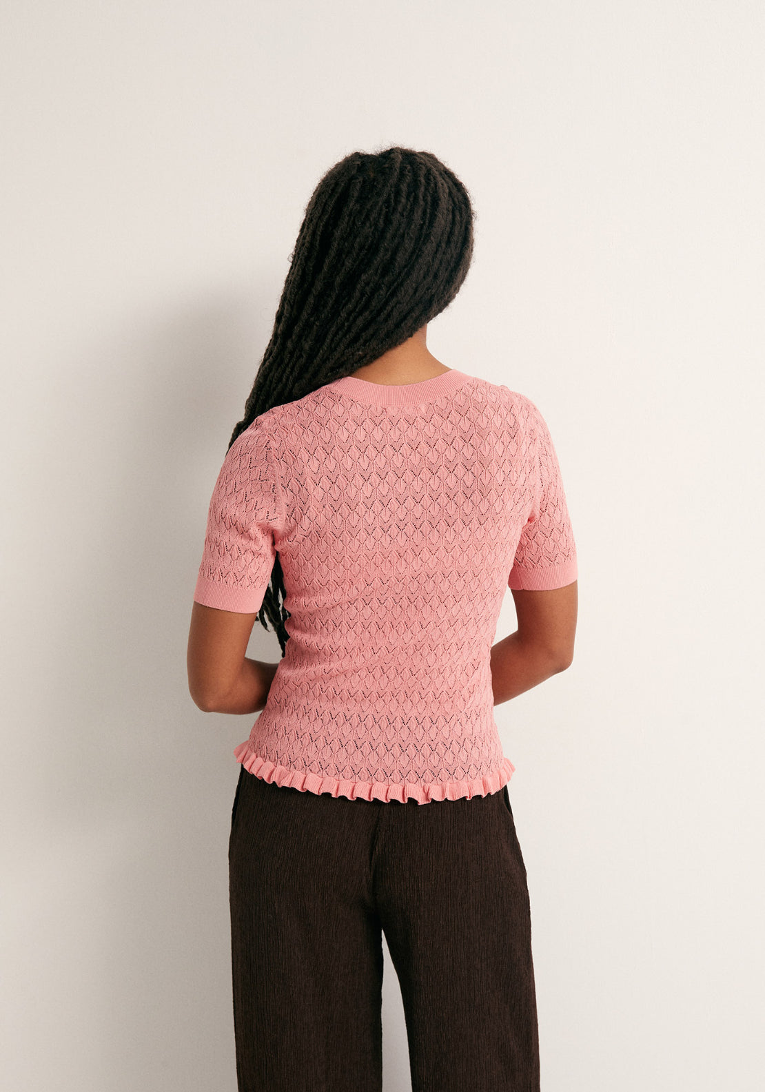 Openwork Short Sleeve Top - Pink