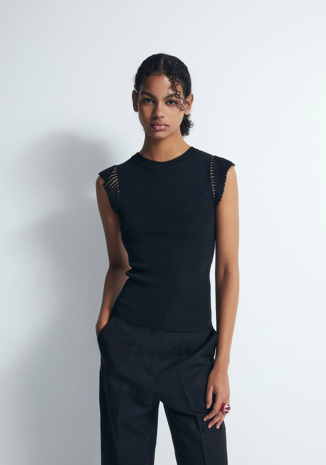 Ruffle Sleeve Knit Top - Black