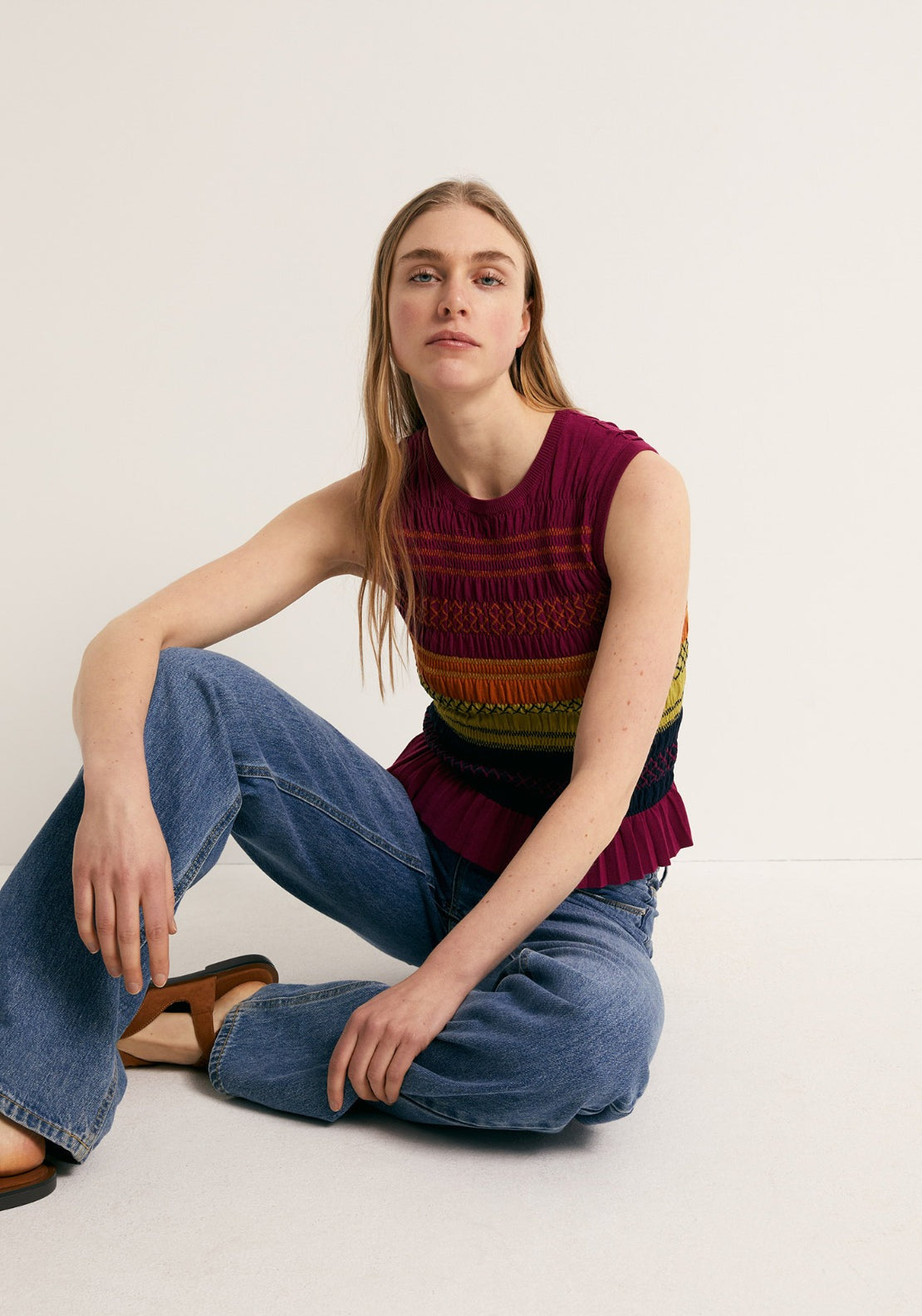 Ruched Knitted Embroidered Top - Multicolour