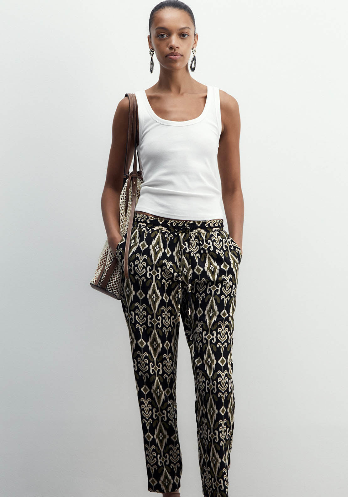 Sfera Printed Loose-Fit Trousers - Green 1 Shaws Department Stores