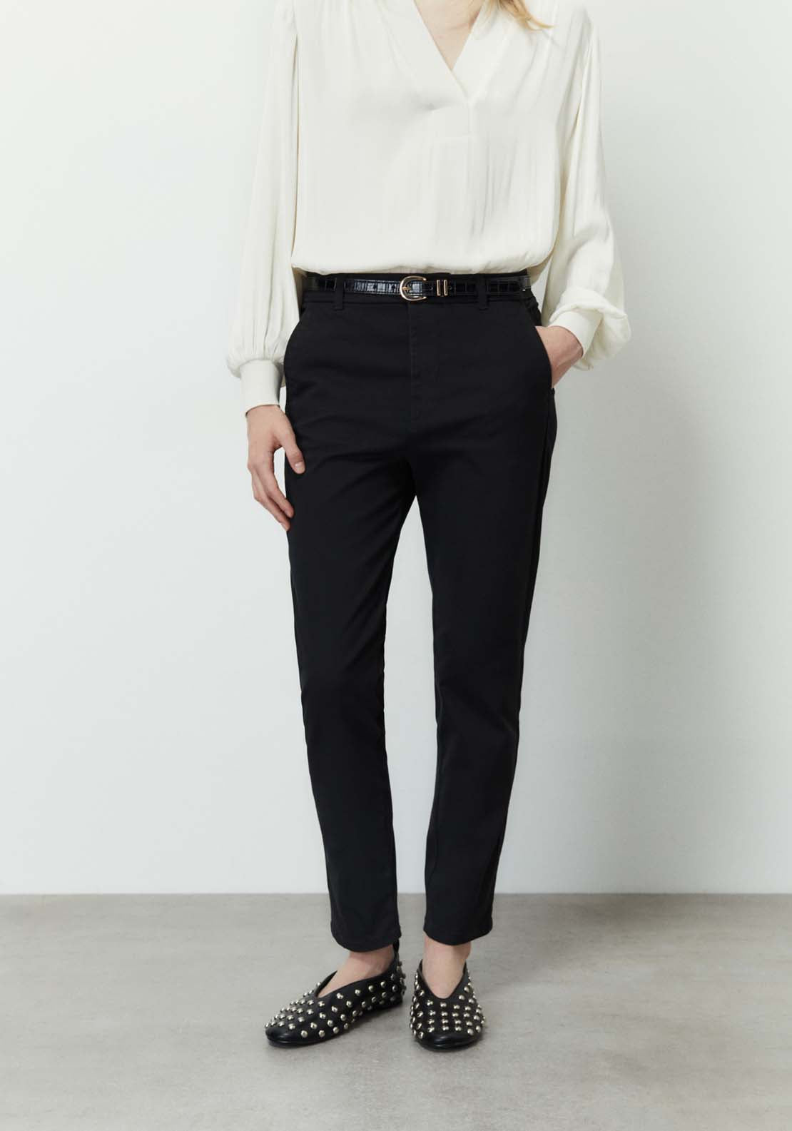 Sfera Belted chino trousers - Black 1 Shaws Department Stores