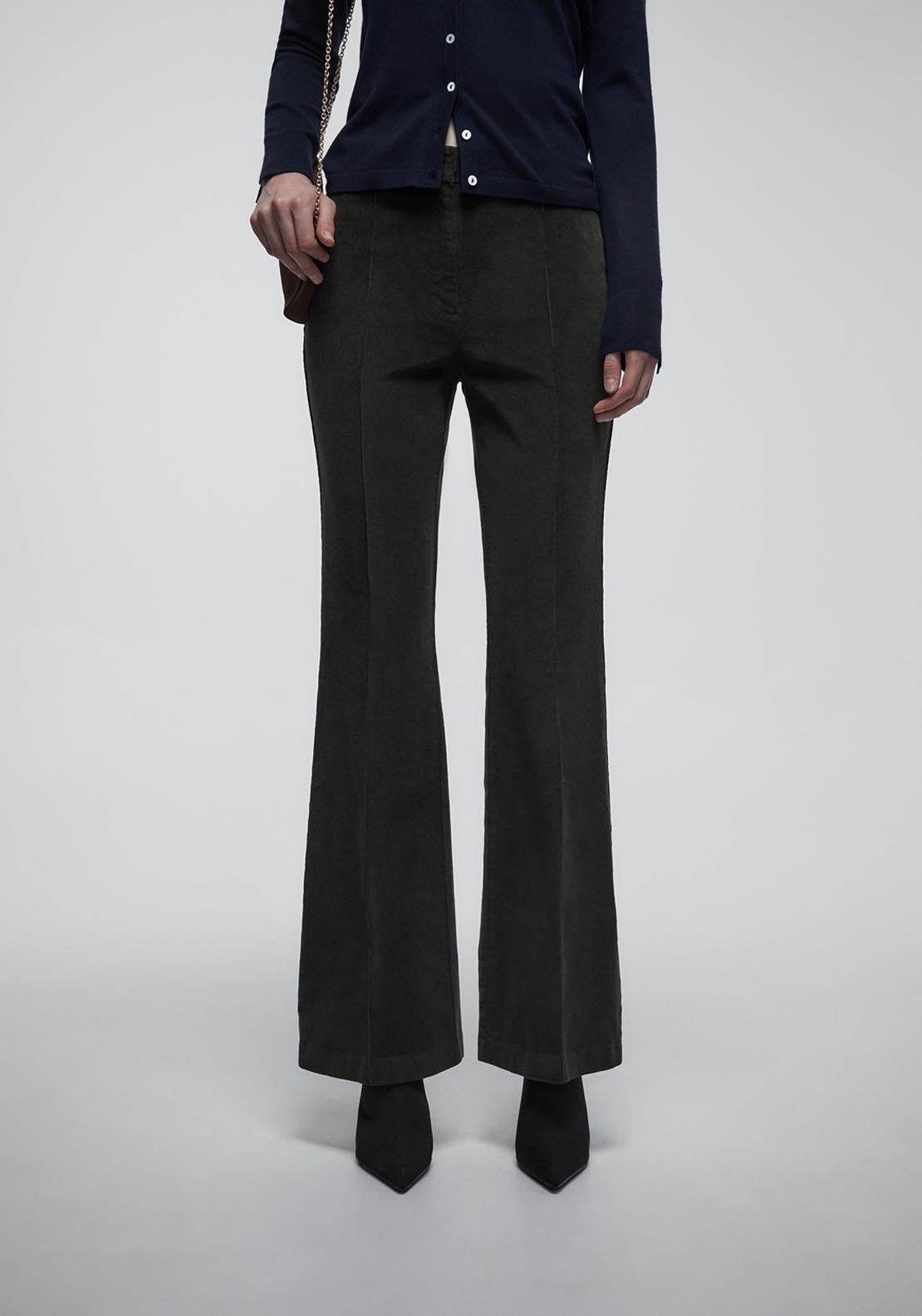 Sfera Flared Micro Corduroy Trousers - Green 1 Shaws Department Stores