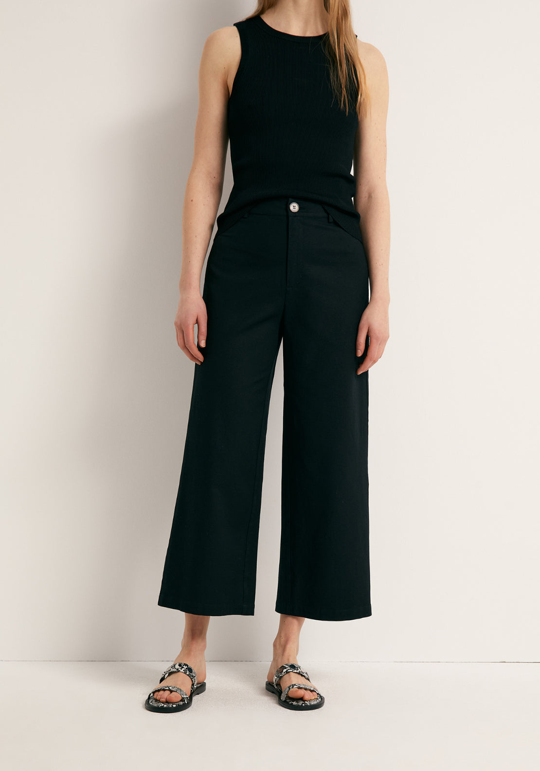 Linen Blend Culotte Trousers - Black