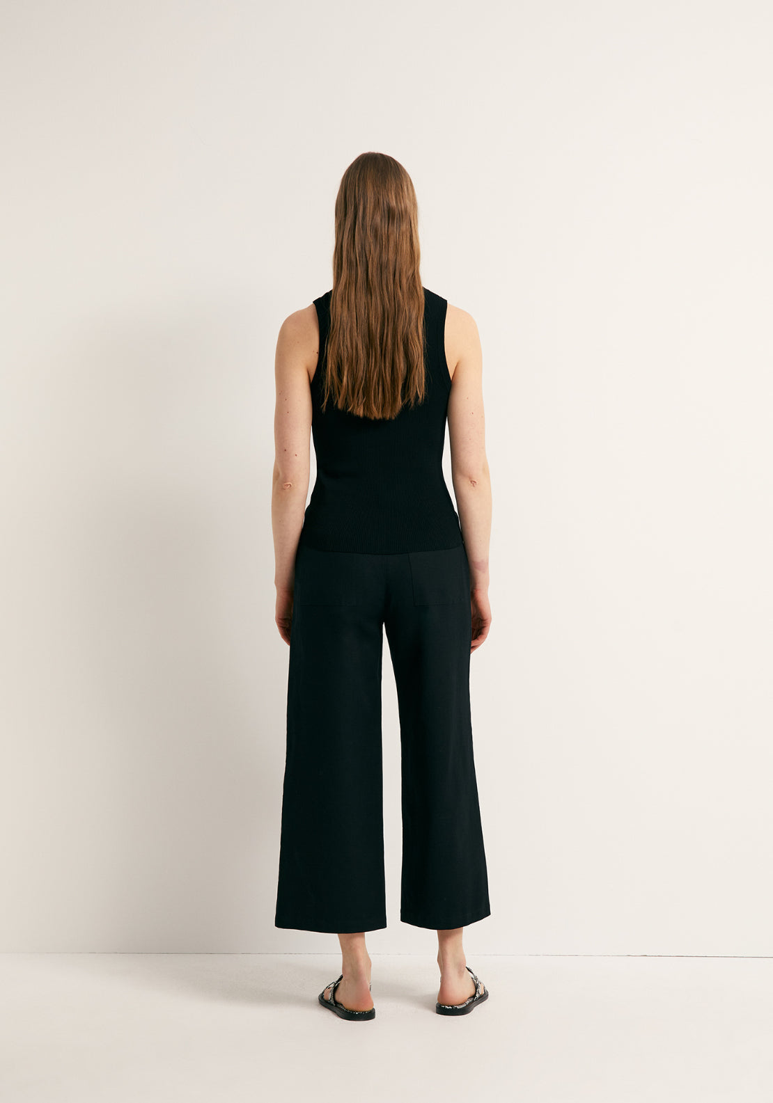 Linen Blend Culotte Trousers - Black