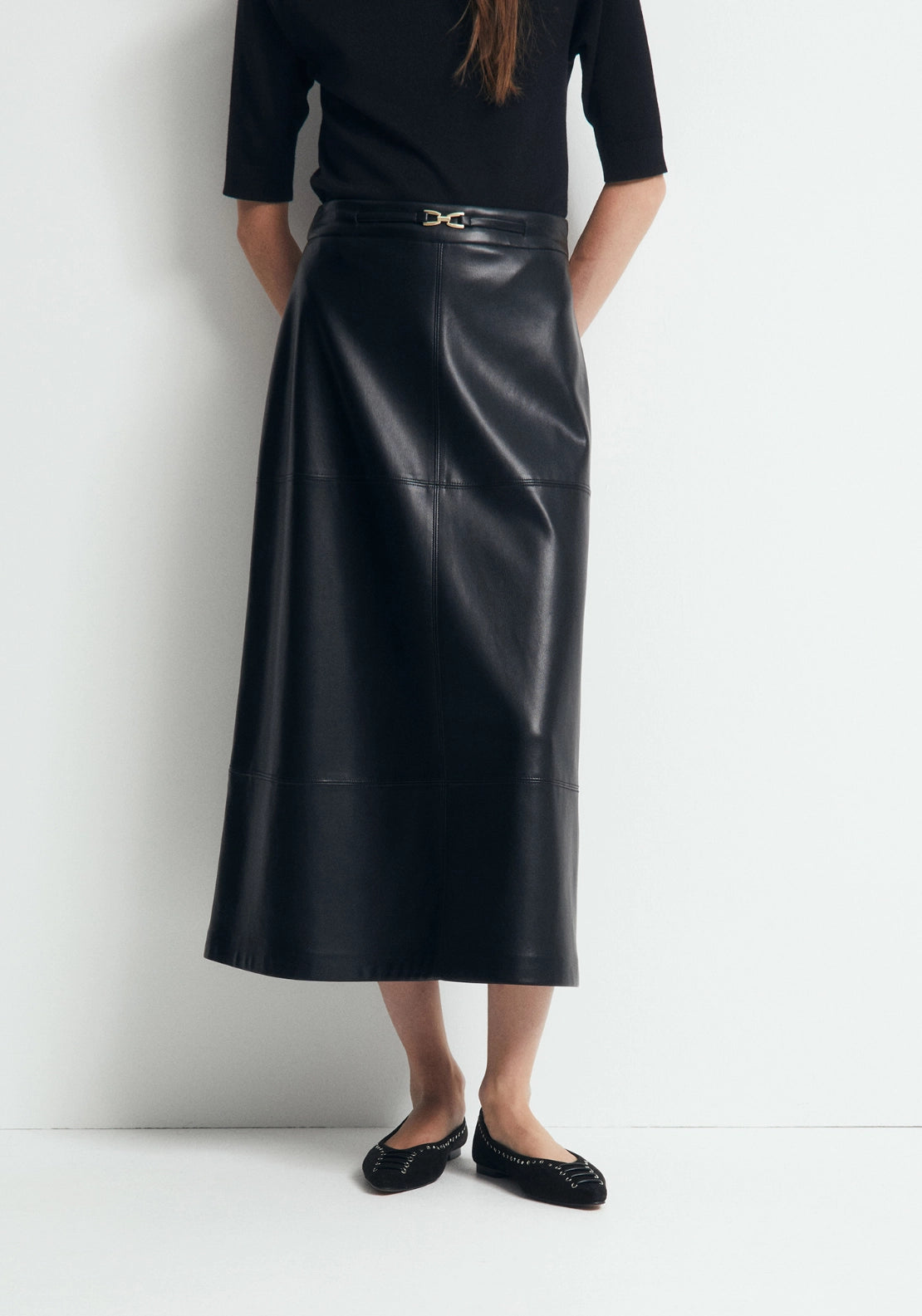 Faux Leather Belted Skirt - Black