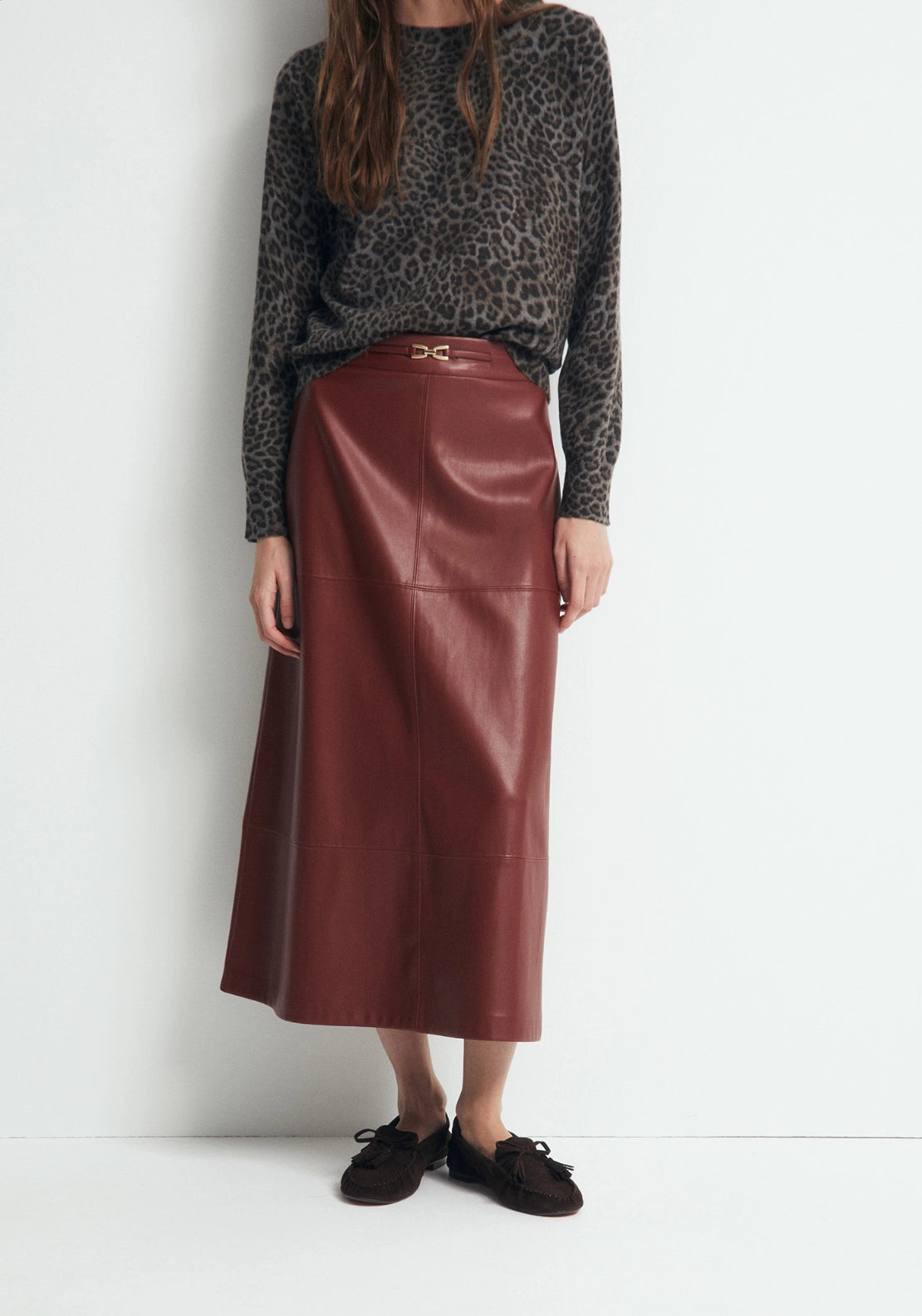 Faux Leather Belted Skirt - Red