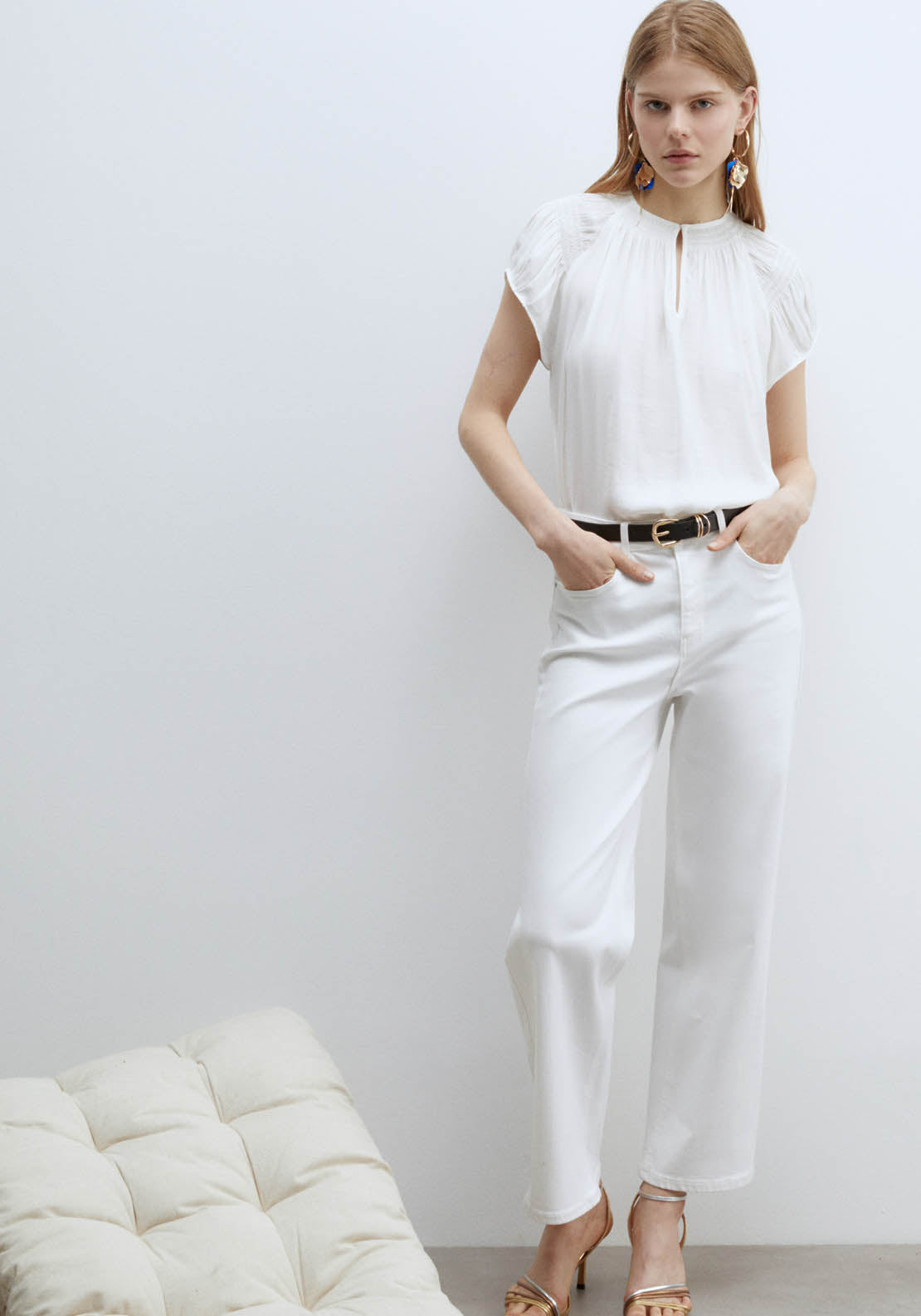 Sfera Round-Neck Elasticated Blouse - White 1 Shaws Department Stores
