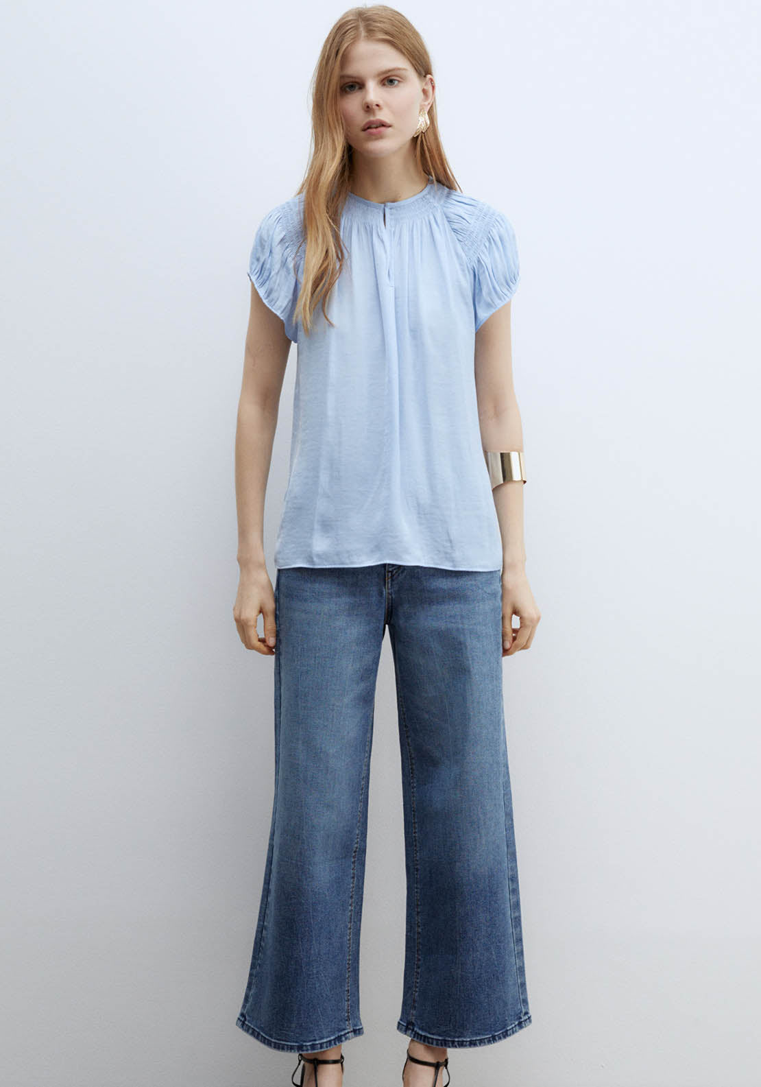 Sfera Round-Neck Elasticated Blouse - Blue Light 1 Shaws Department Stores