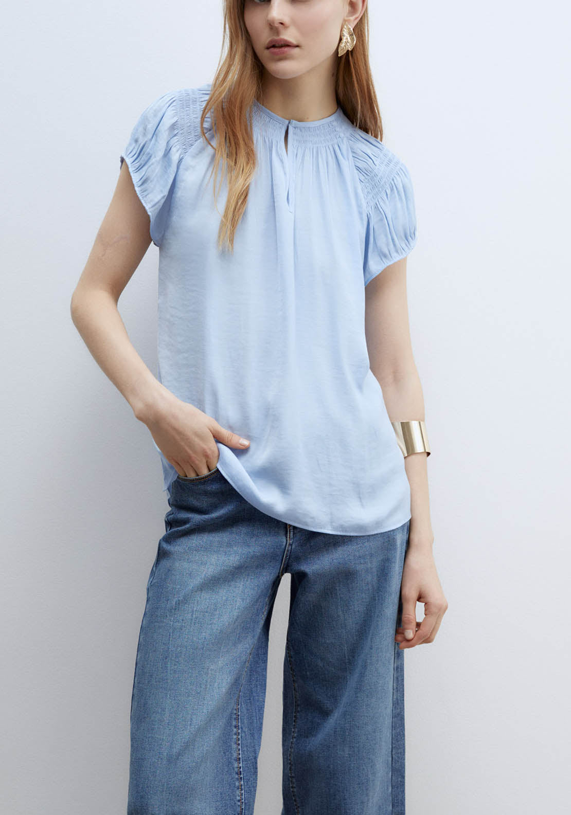 Sfera Round-Neck Elasticated Blouse - Blue Light 2 Shaws Department Stores