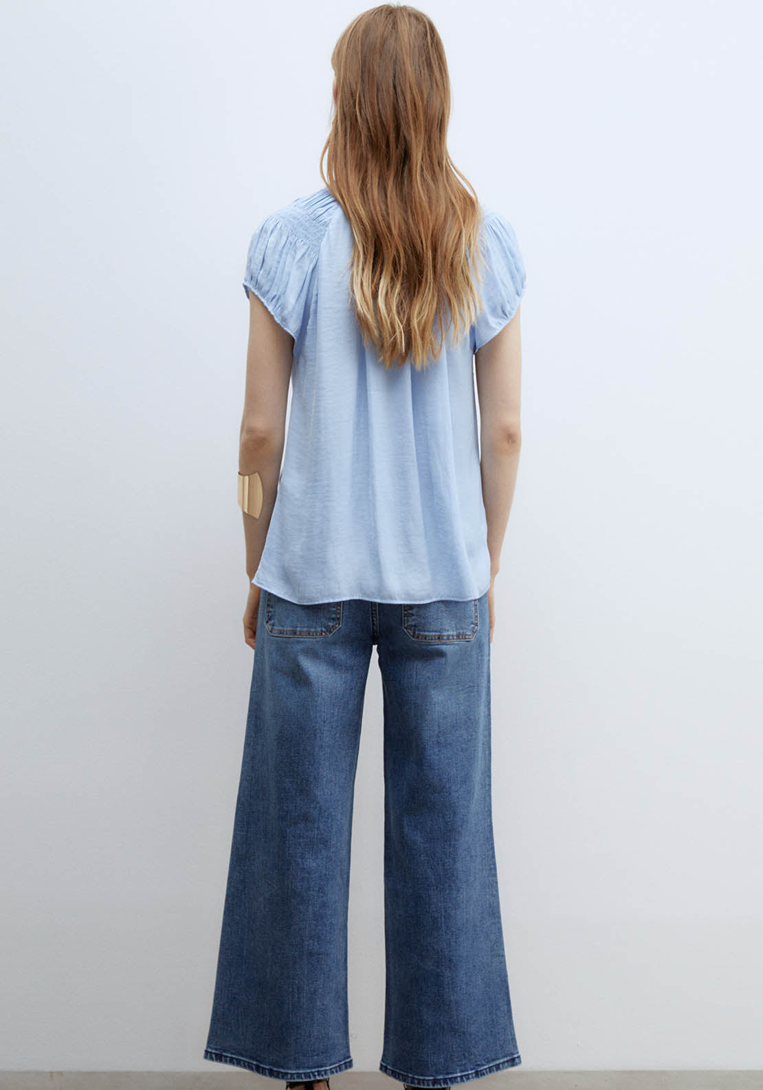 Sfera Round-Neck Elasticated Blouse - Blue Light 5 Shaws Department Stores