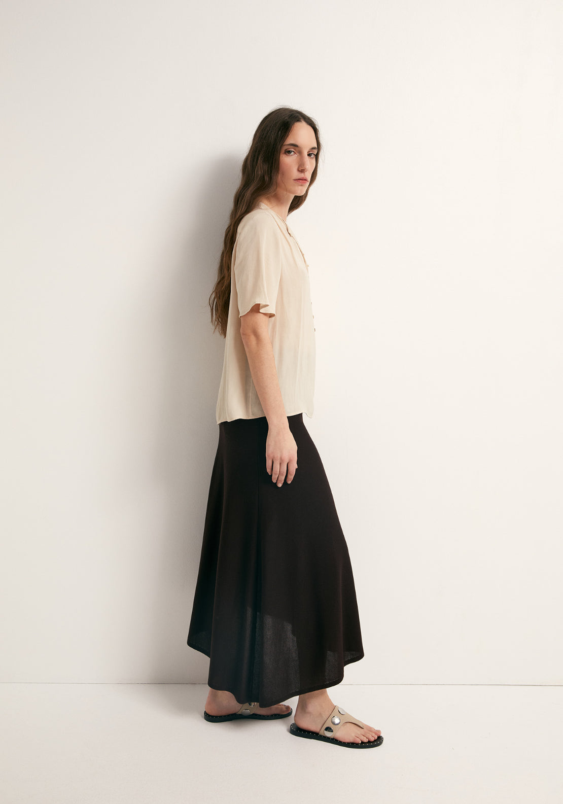 Short-Sleeved V-Neck Blouse - Beige