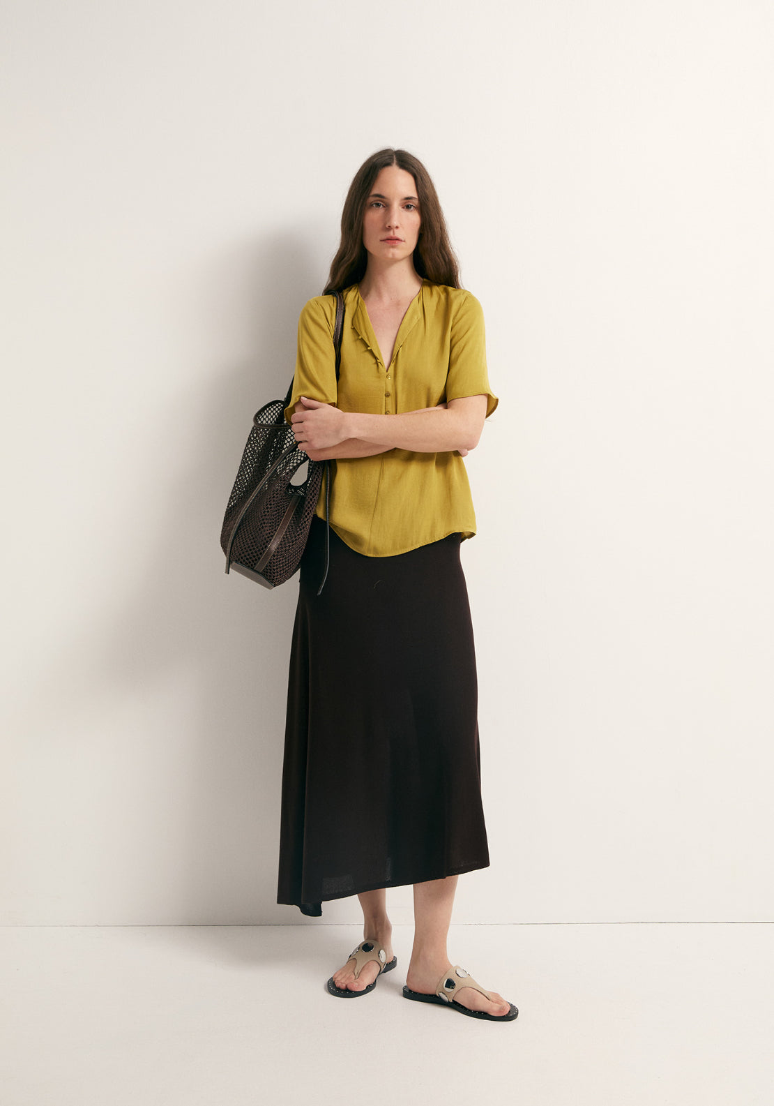 Short-Sleeved V-Neck Blouse - Green