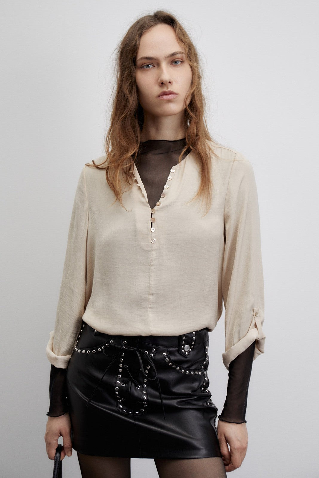Sfera Buttons loose-fit blouse - Beige 1 Shaws Department Stores