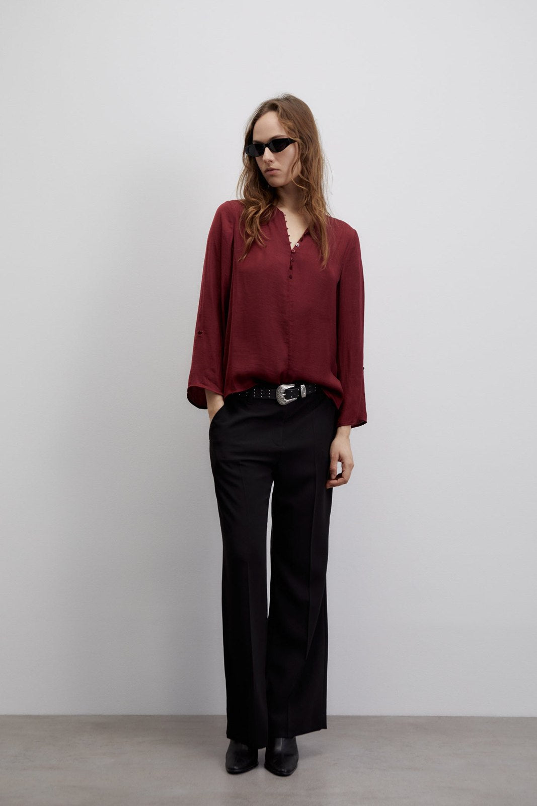 Sfera Buttons loose-fit blouse - Burgundy 4 Shaws Department Stores