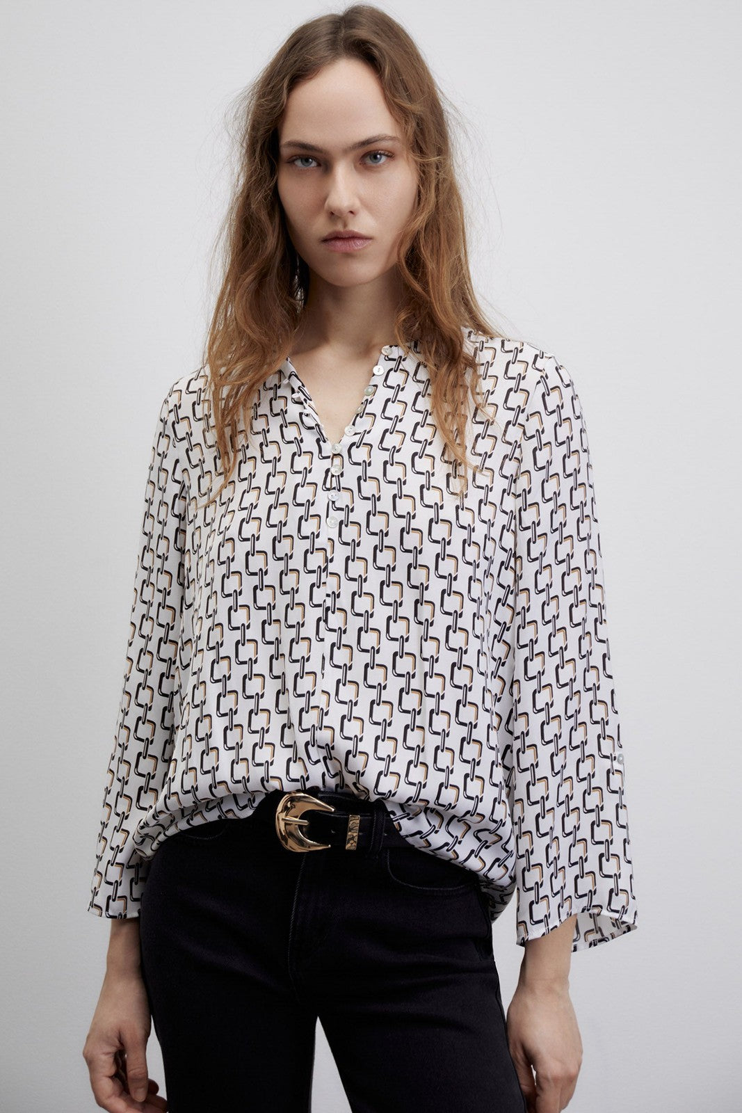 Sfera Printed loose-fit blouse - Black 1 Shaws Department Stores