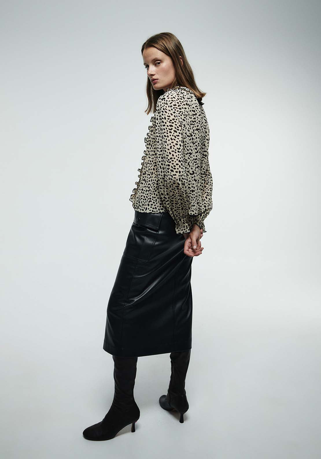 Pleated Ruffle Shirt - Brown