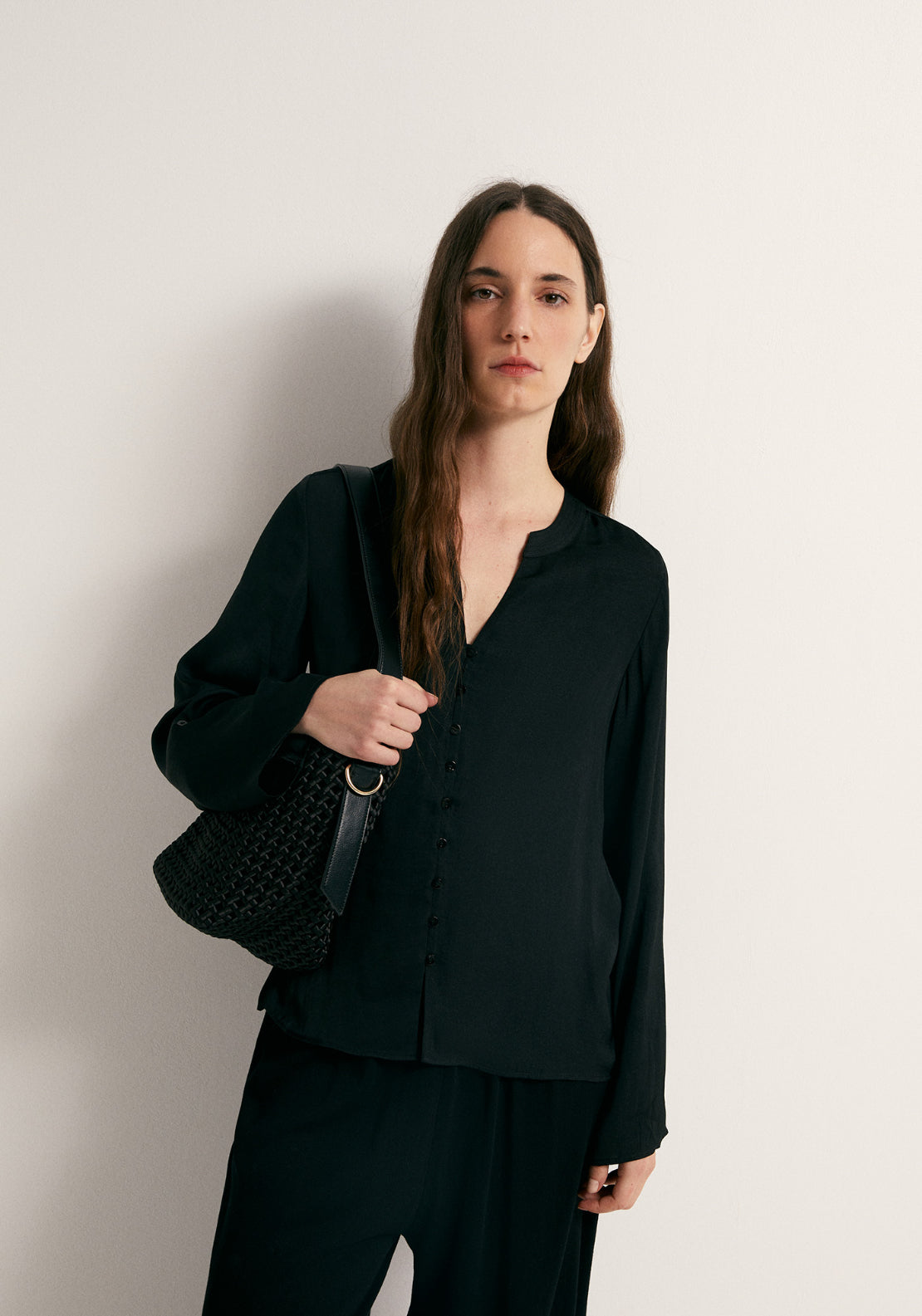 Buttons Loose Fit Blouse - Black