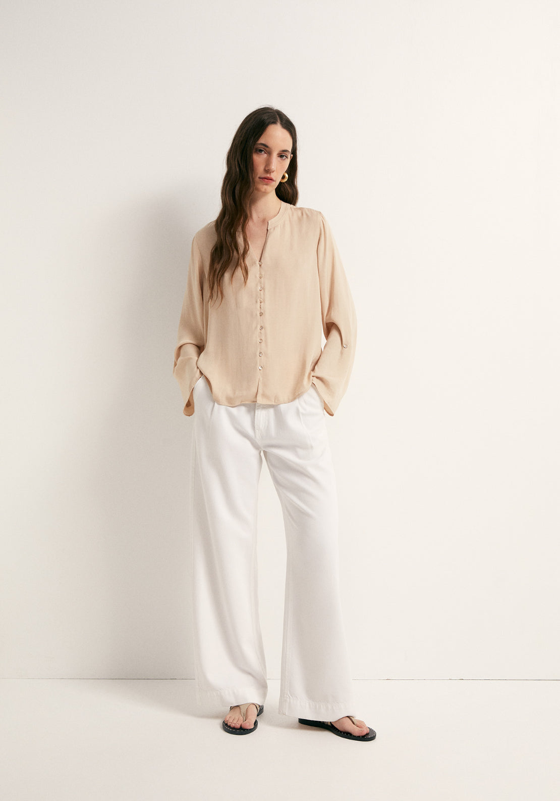 Buttons Loose Fit Blouse - Beige