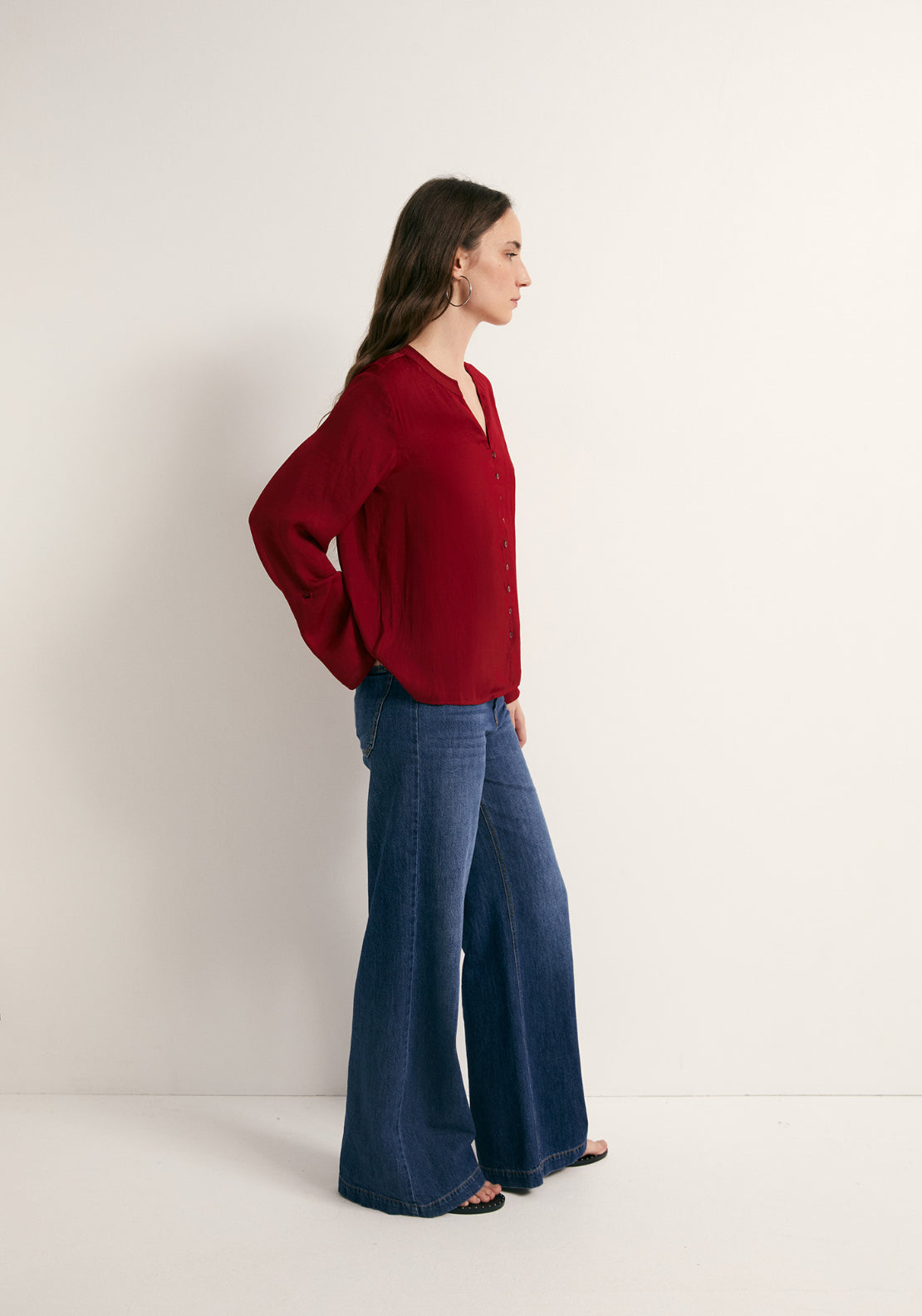 Buttons Loose Fit Blouse - Red