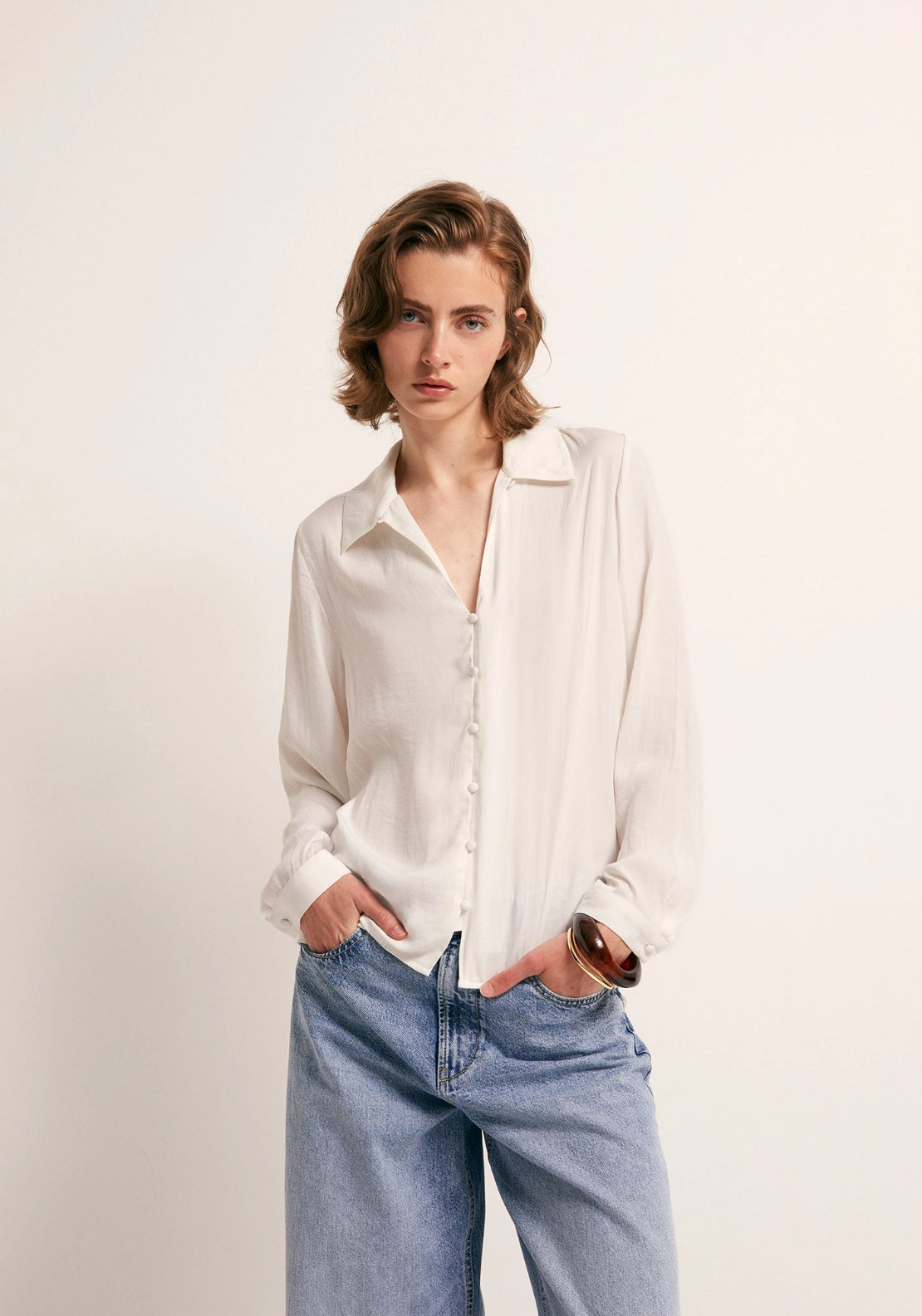Button Front Camp Collar Shirt - White