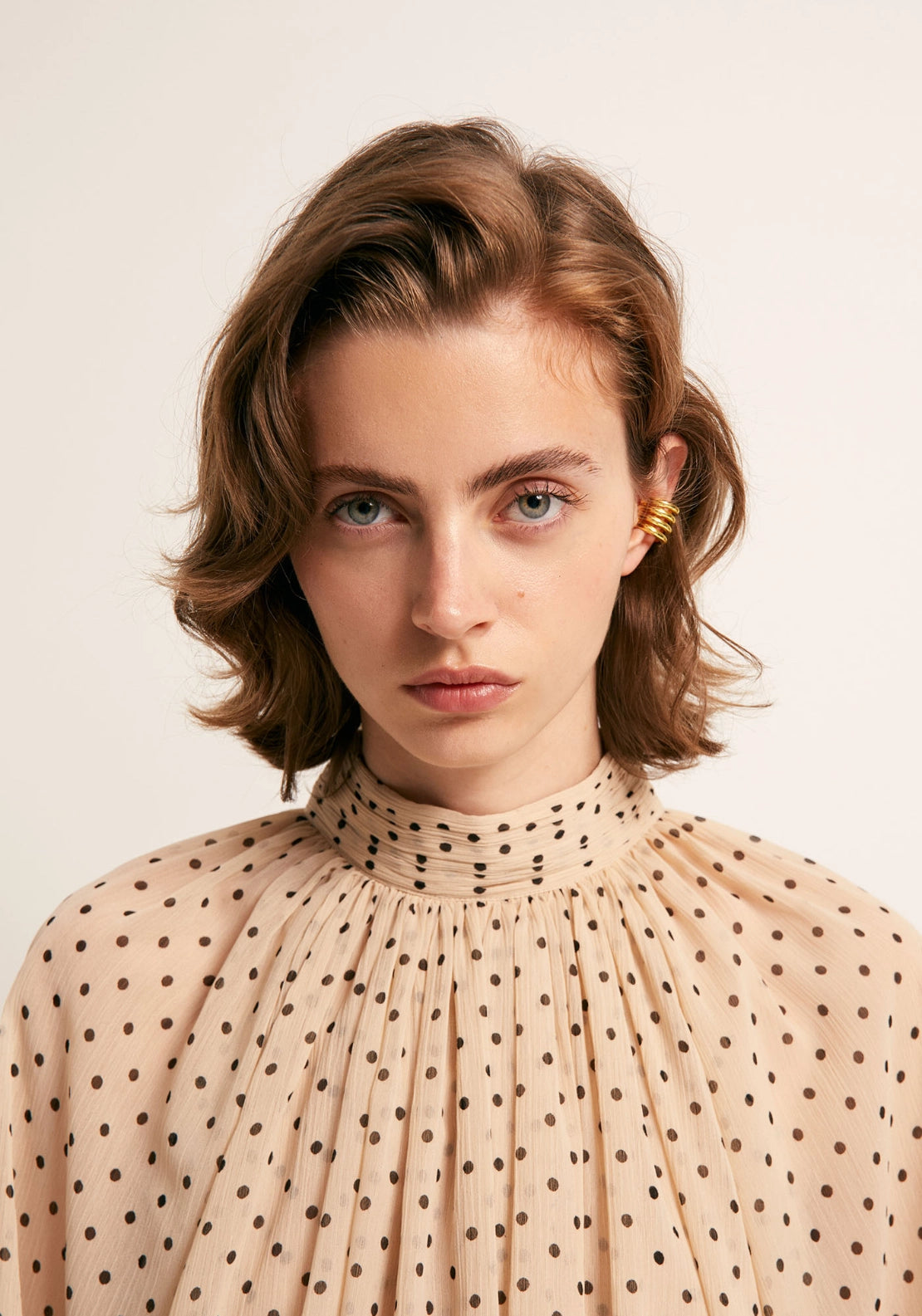 Bubble Hem Polka Dot Top - Beige