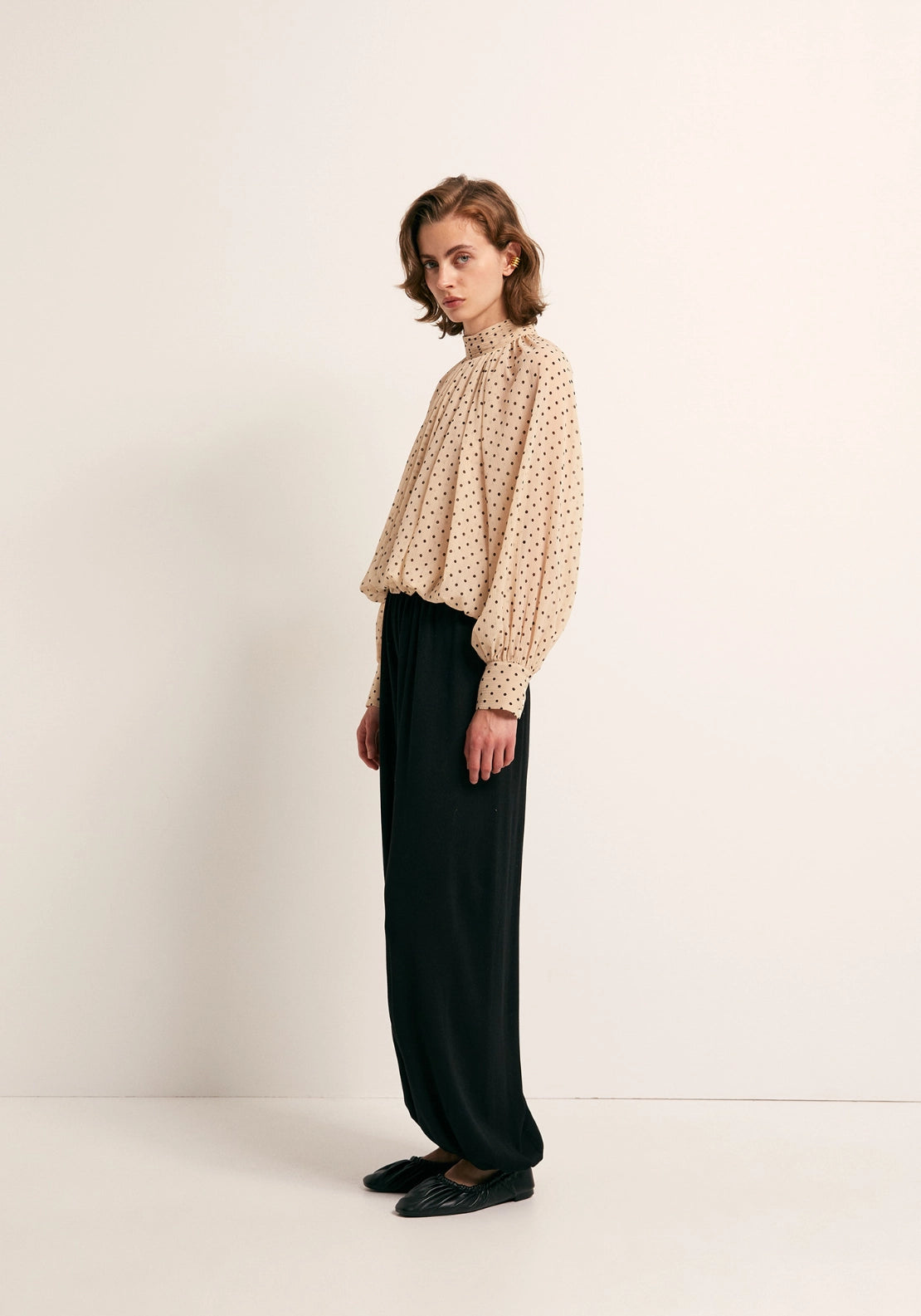 Bubble Hem Polka Dot Top - Beige