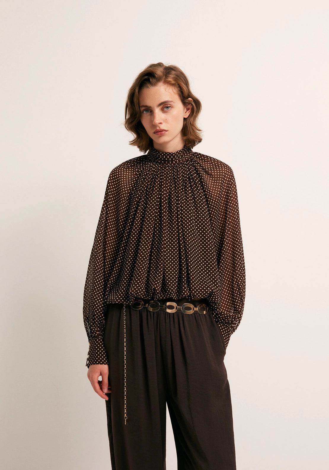 Bubble Hem Polka Dot Top - Brown