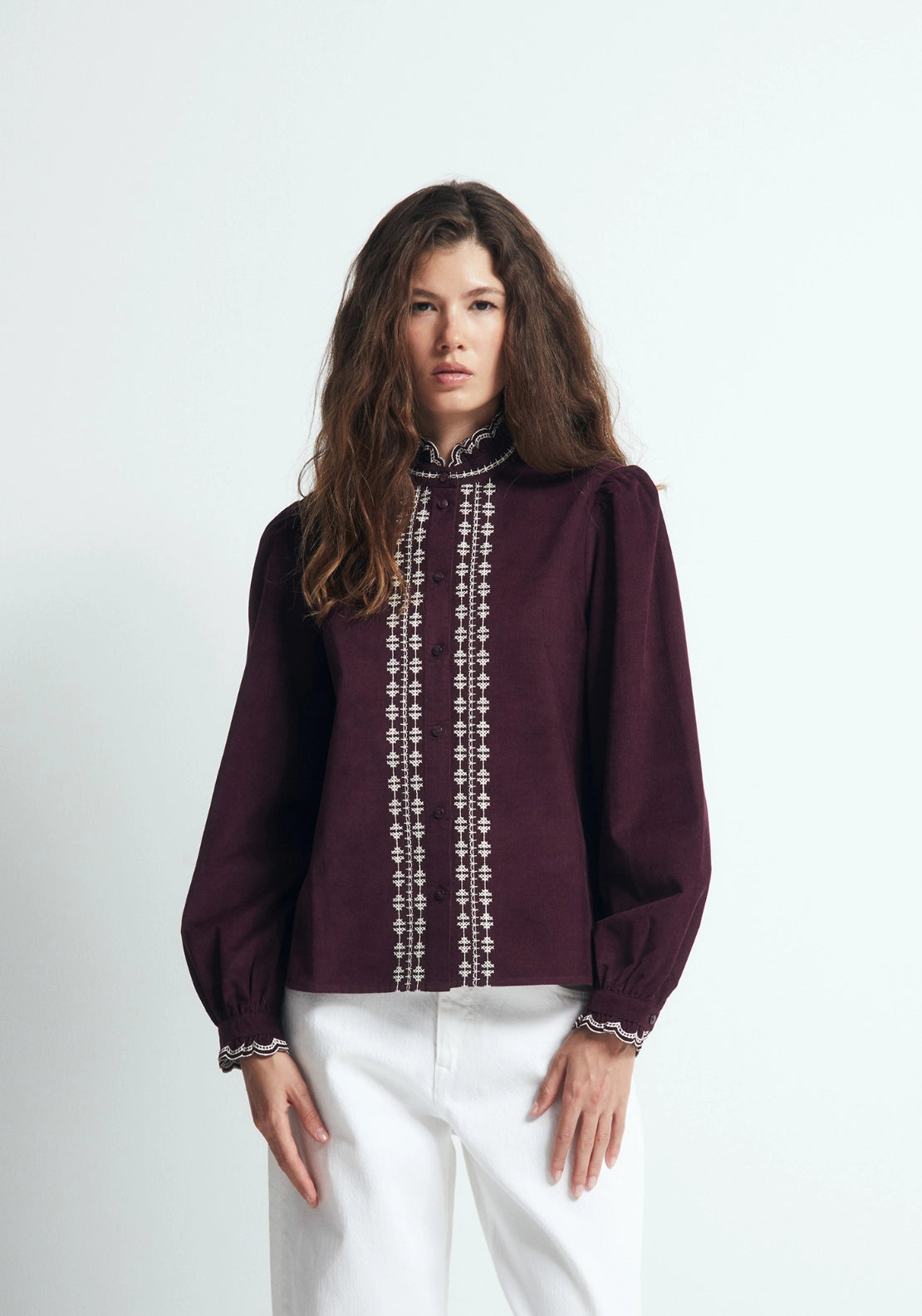 Corduroy Contrast Collar Shirt - Red