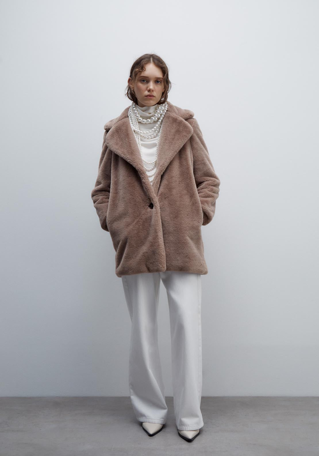 Sfera Lapel collar fur coat - Taupe 3 Shaws Department Stores