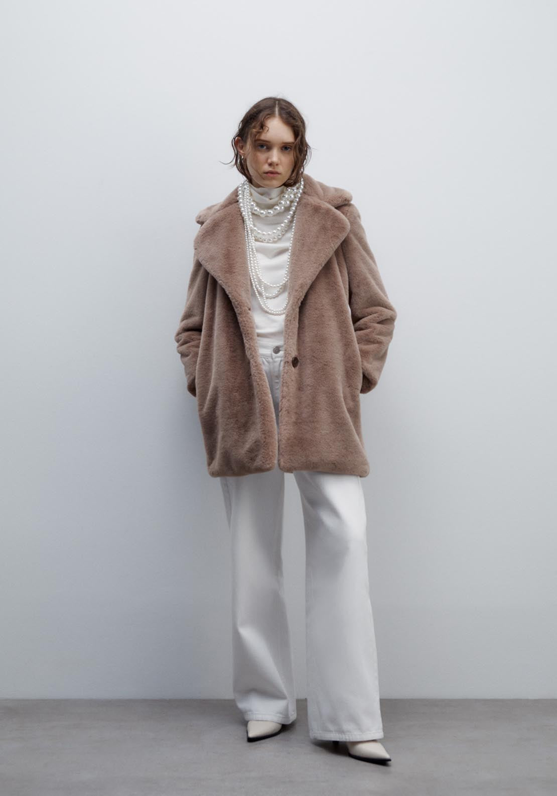 Sfera Lapel collar fur coat - Taupe 1 Shaws Department Stores