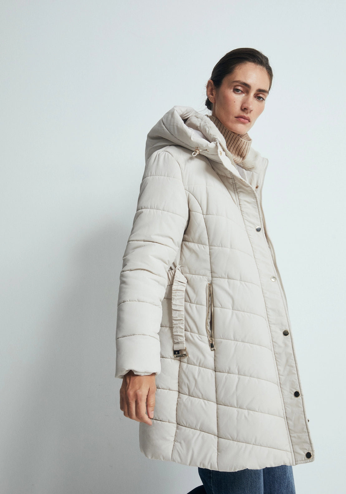 Long Belted Hooded Parka - White Ice