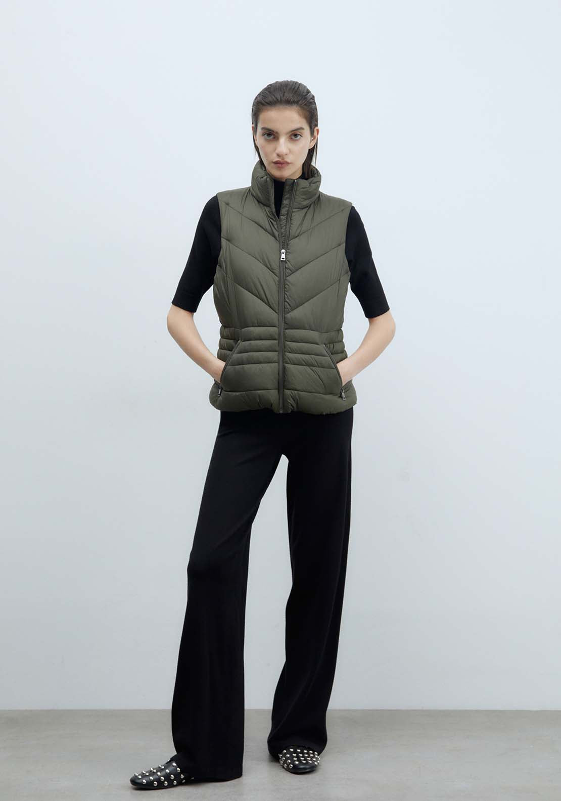 Sfera Plain Short Gilet - Khaki Green 2 Shaws Department Stores