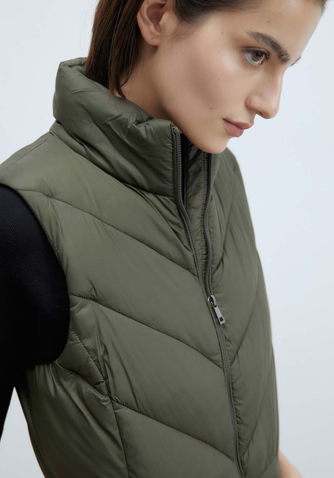 Sfera Plain Short Gilet - Khaki Green 3 Shaws Department Stores